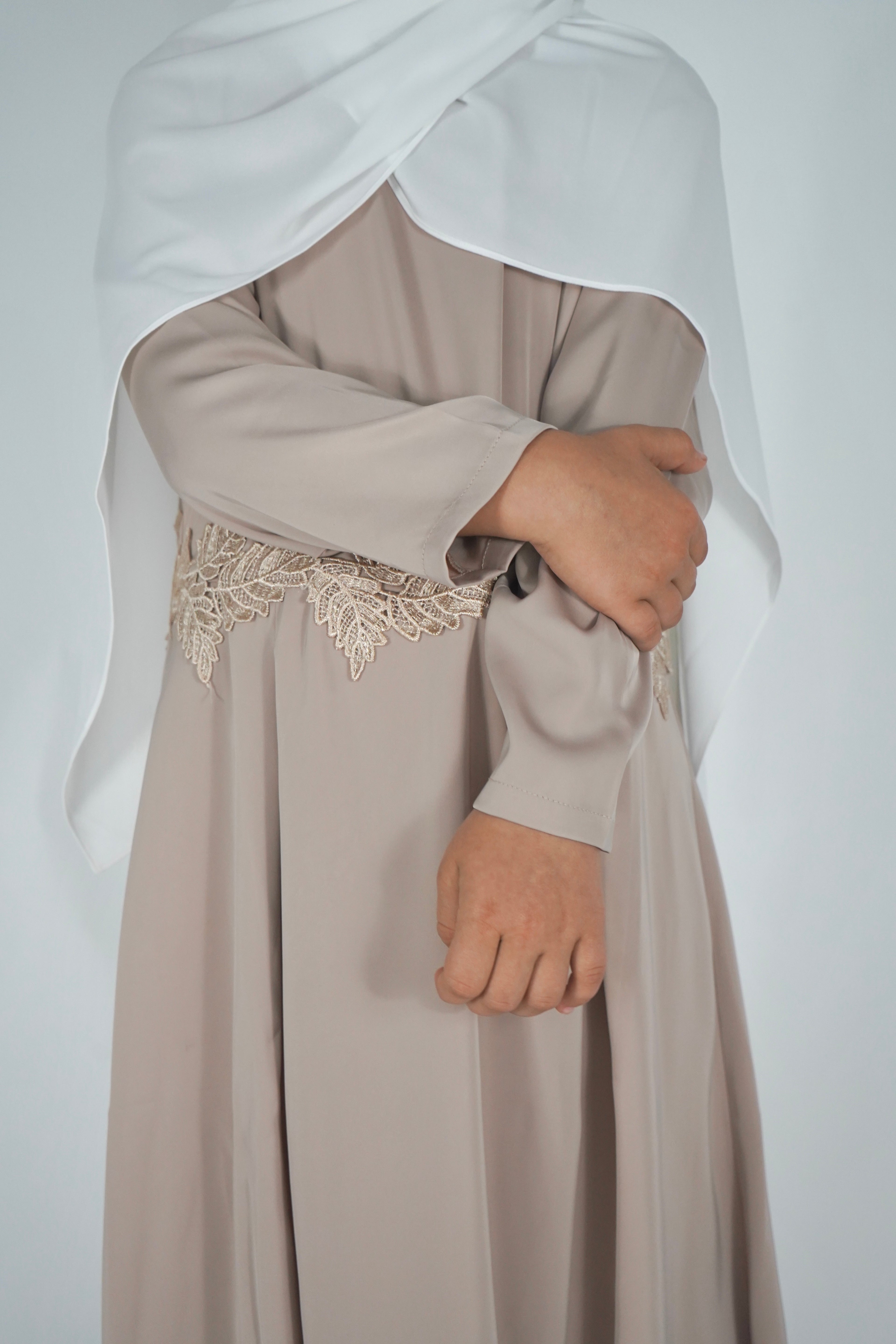 Kids Satin Abaya with Belt - Beige