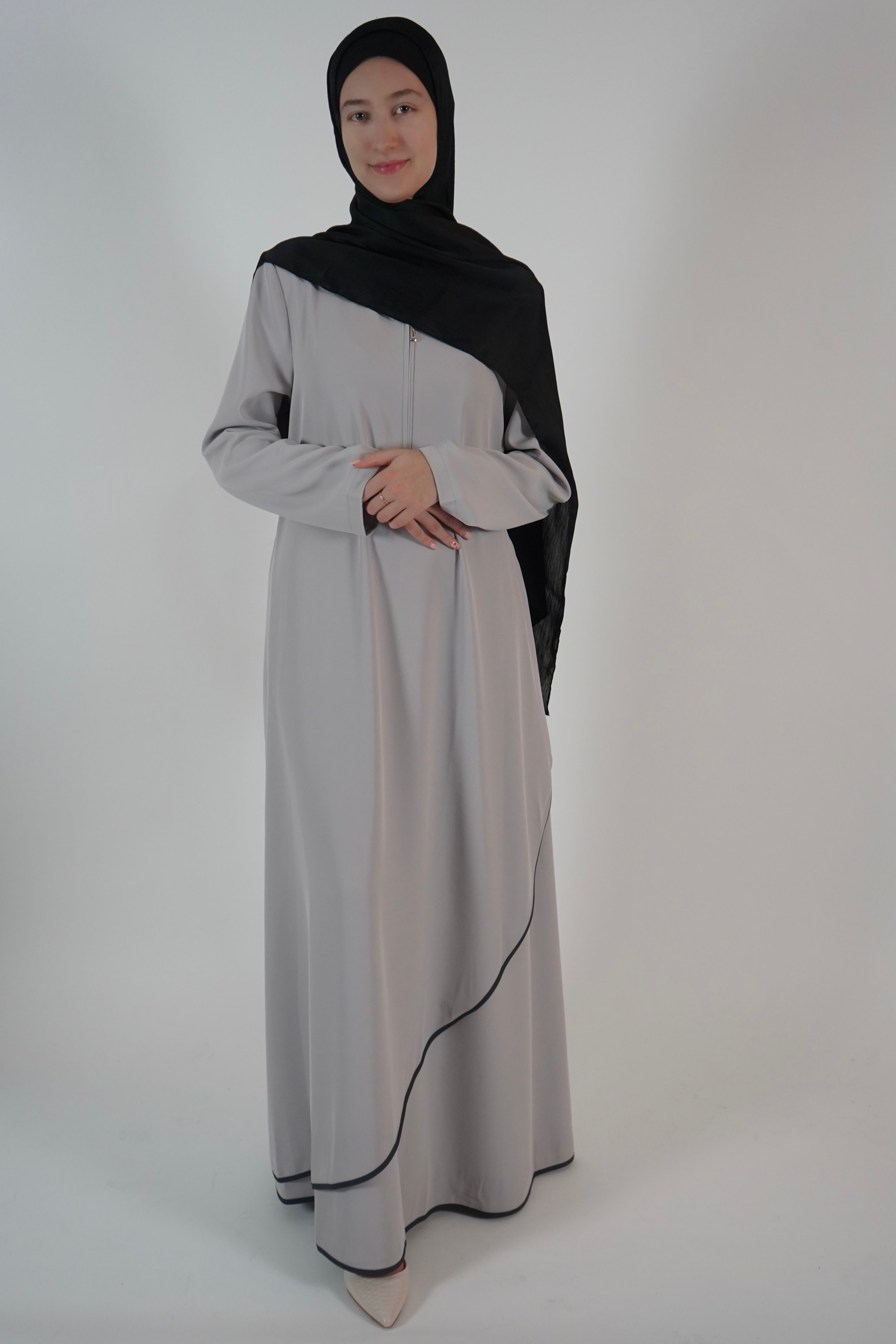 Elegant Front Zip up Abaya-Light Gray