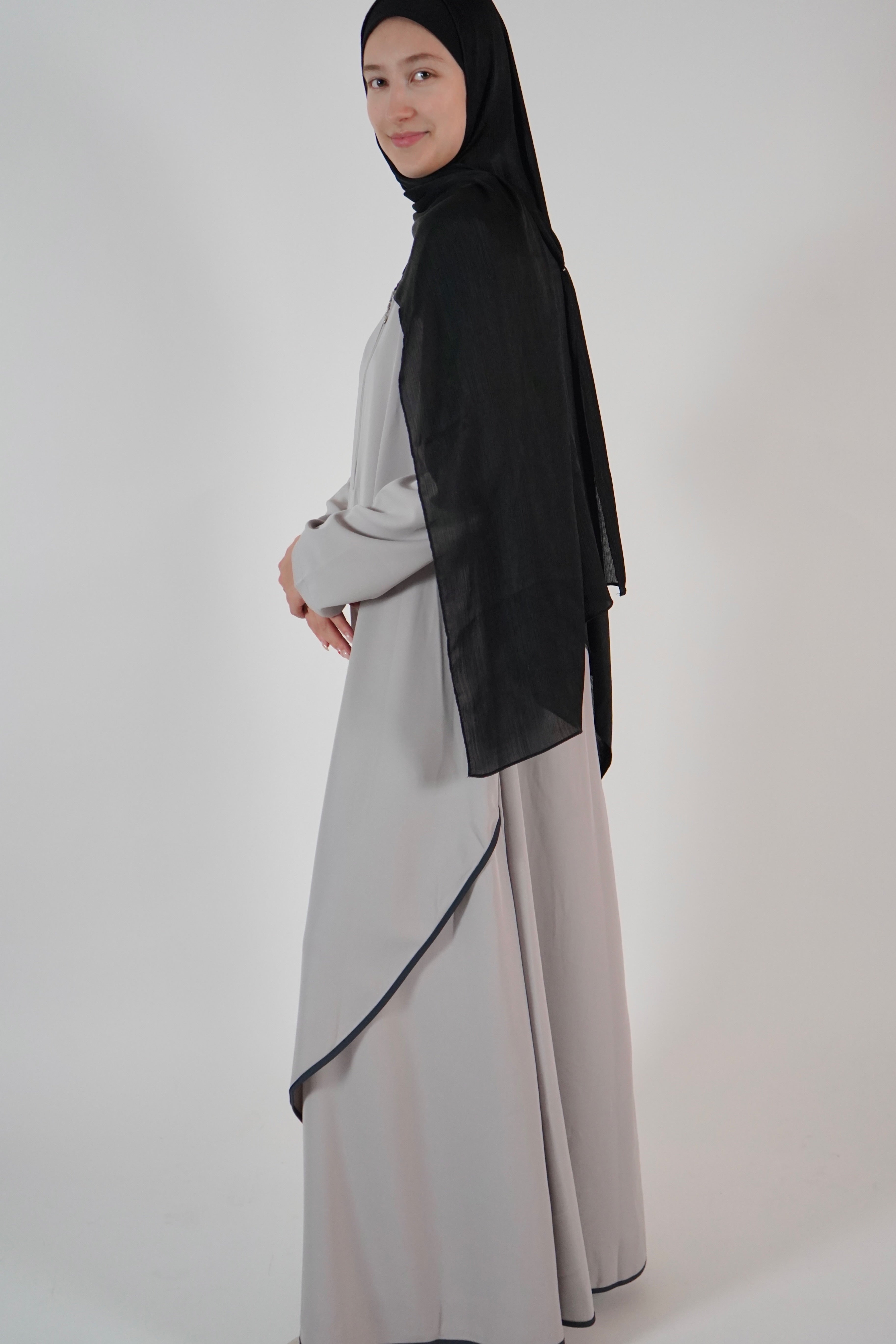 Elegant Front Zip up Abaya-Light Gray