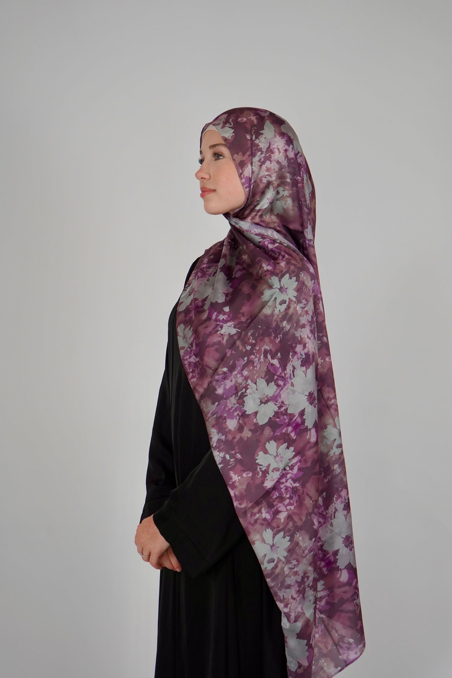 Printed Satin Hijab - Berry Bloom