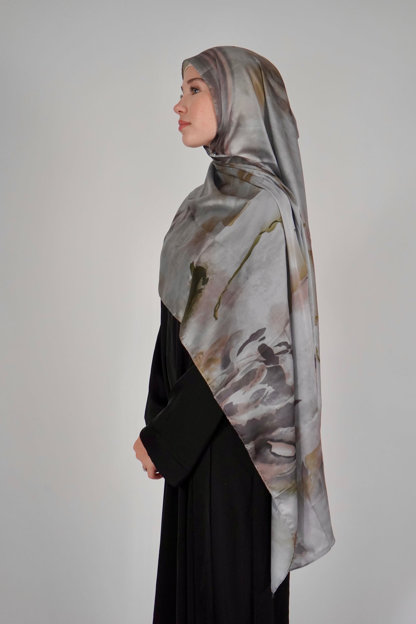 Printed Satin Hijab - Stone Fog