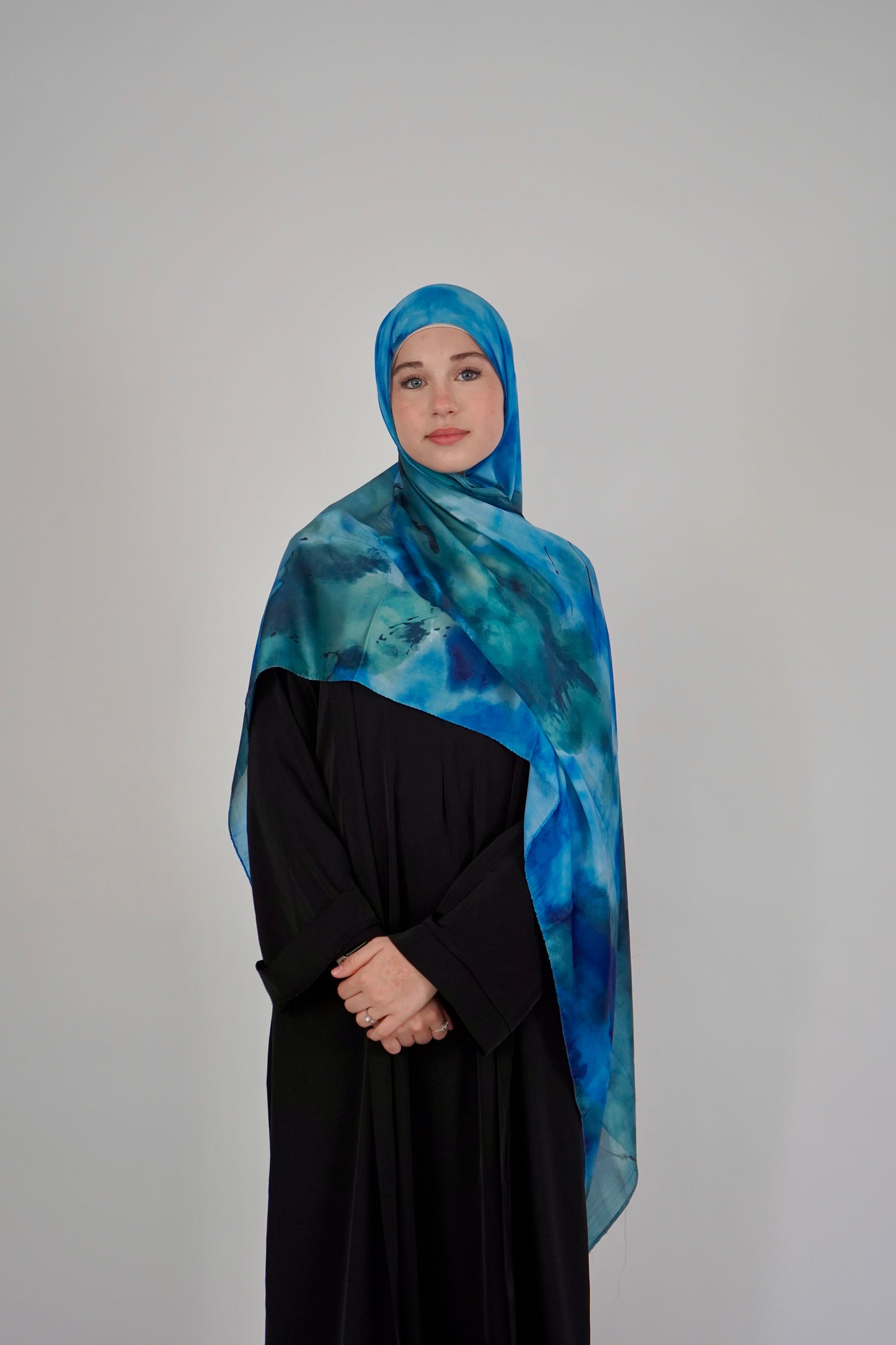 Printed Satin Hijab - Blue Tide
