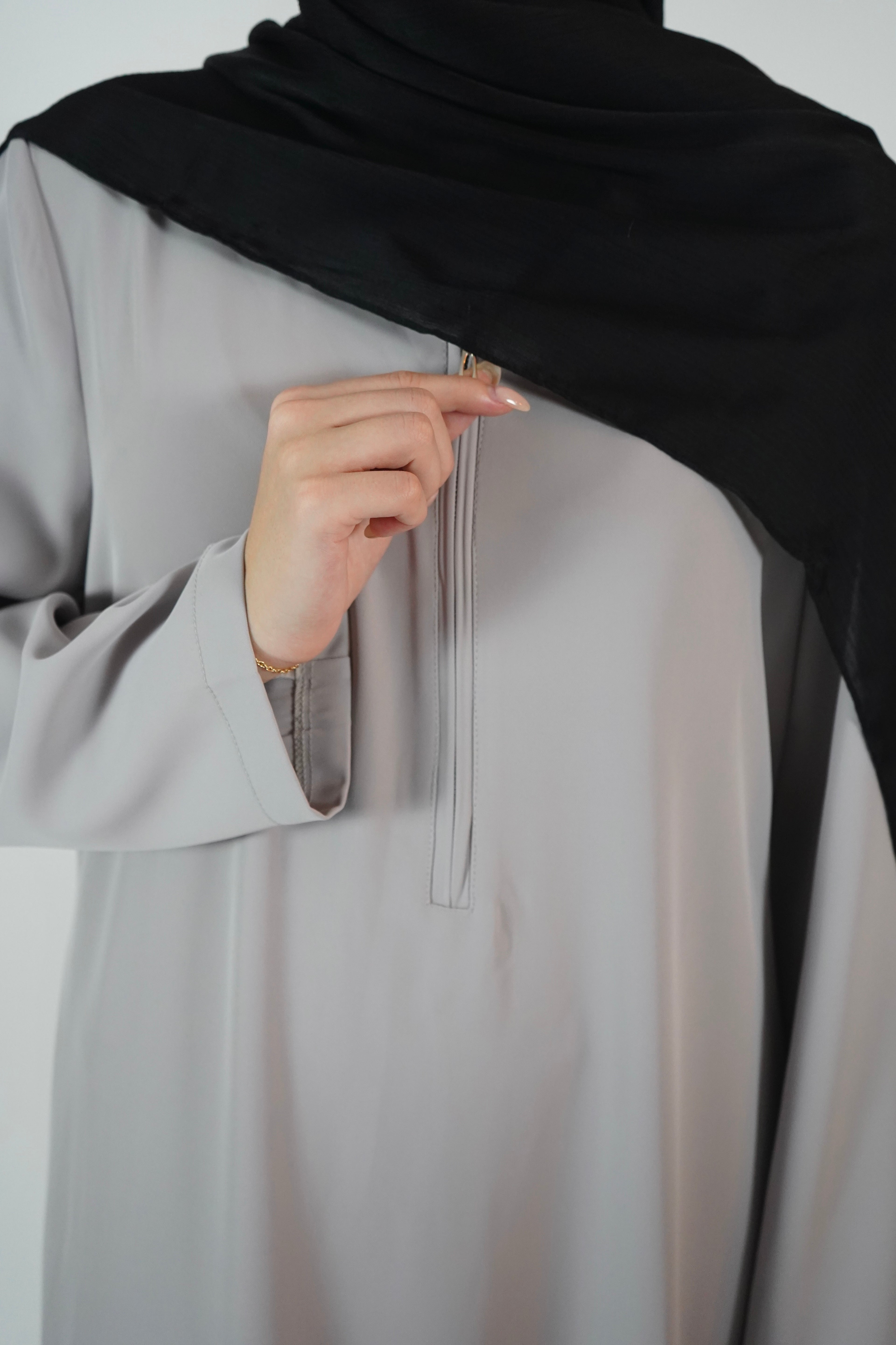 Elegant Front Zip up Abaya-Light Gray