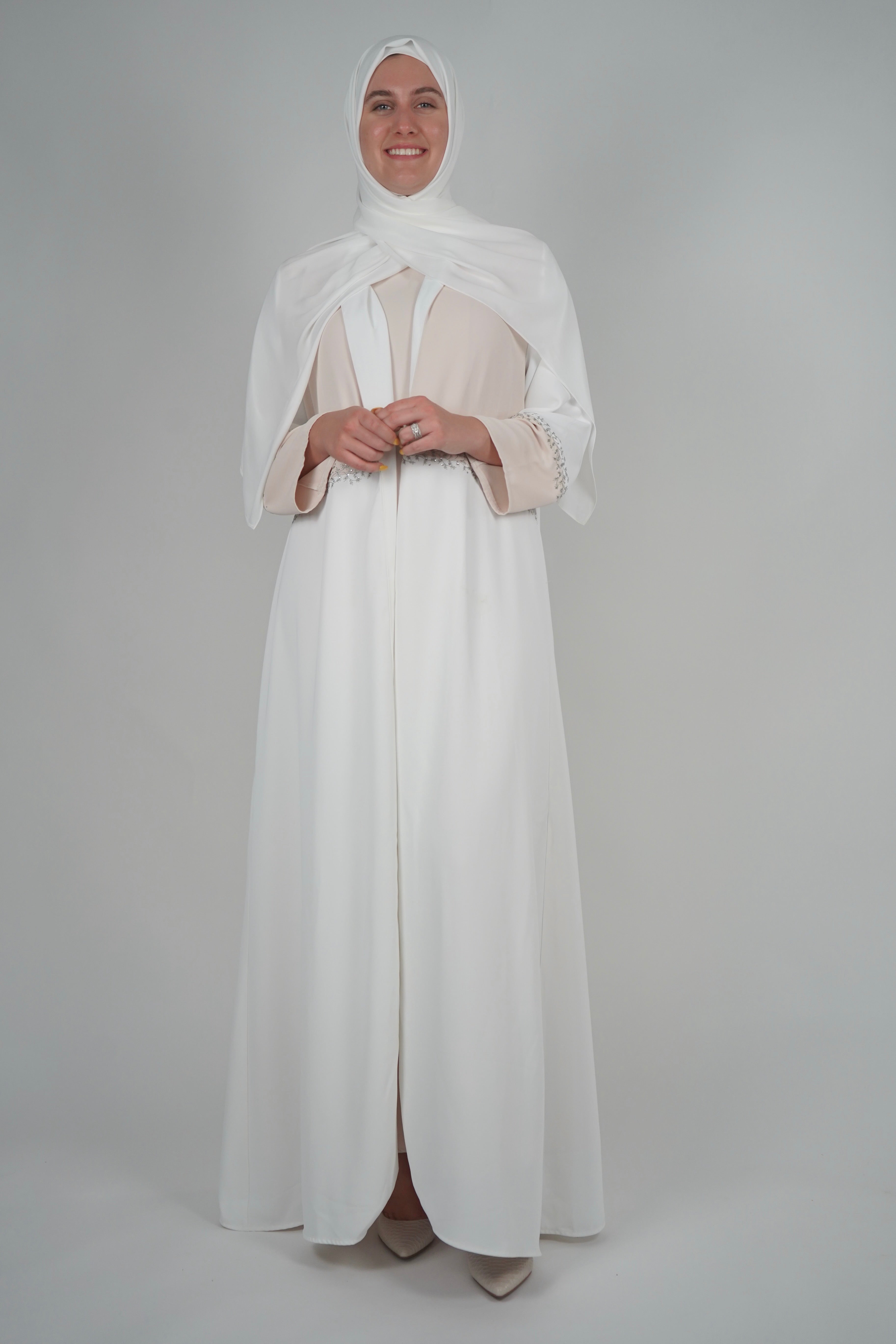 LUX Two Piece Open Front Embroidered Abaya - White and Beige