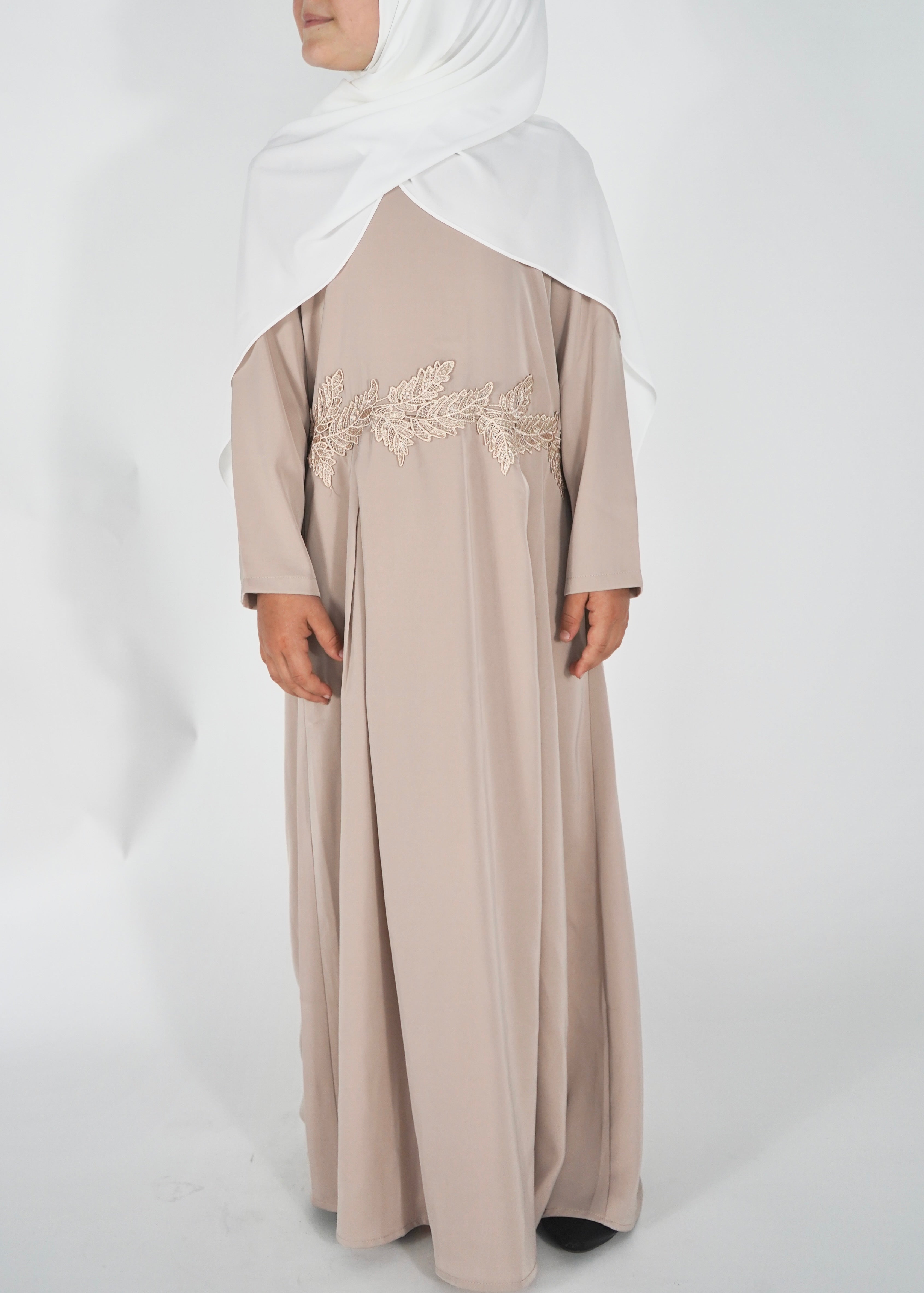 Kids Satin Abaya with Belt - Beige