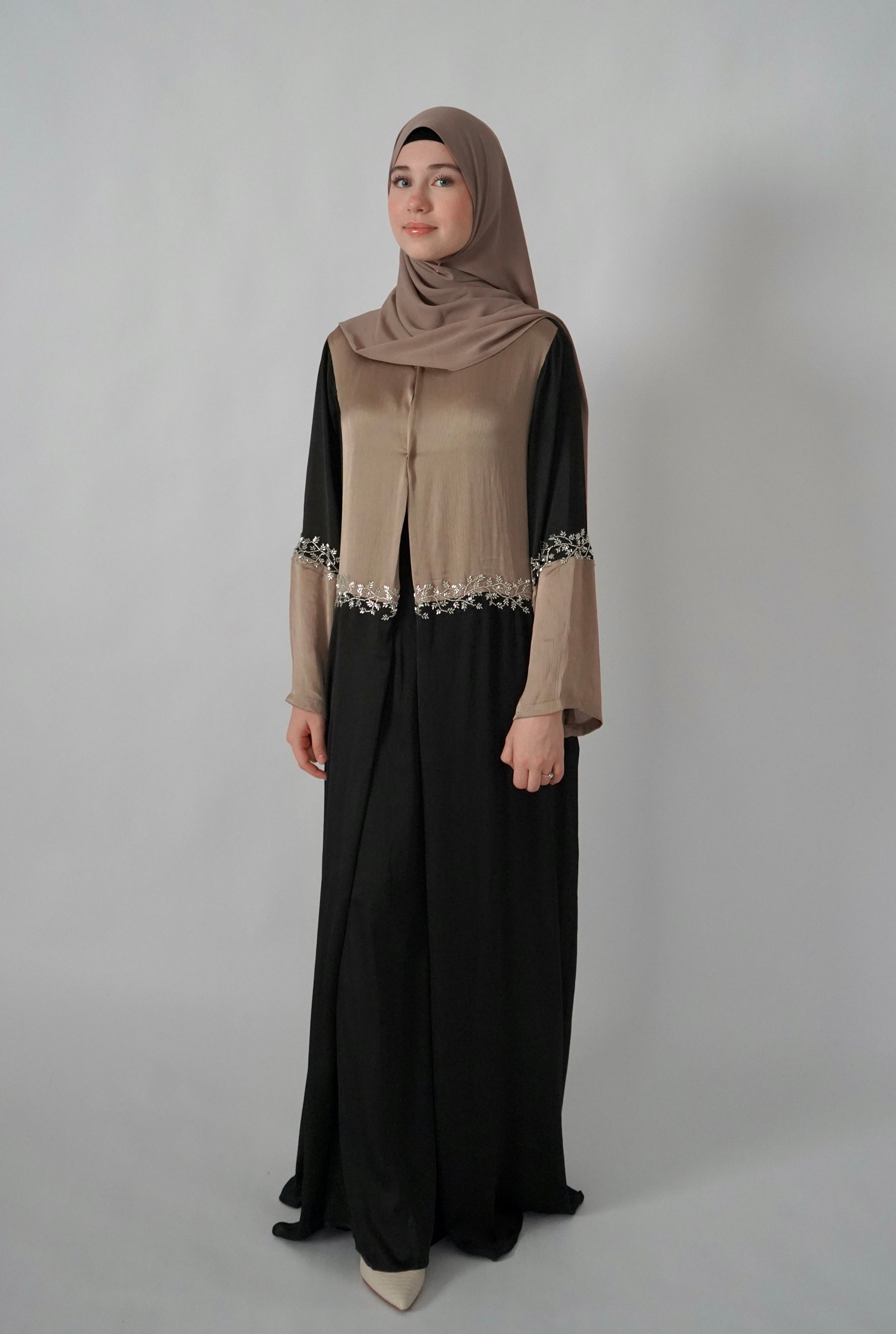 beaded abaya dress Pearl Beaded Bridal Abaya Set  Luxury Pleated Abaya Dress Black / M