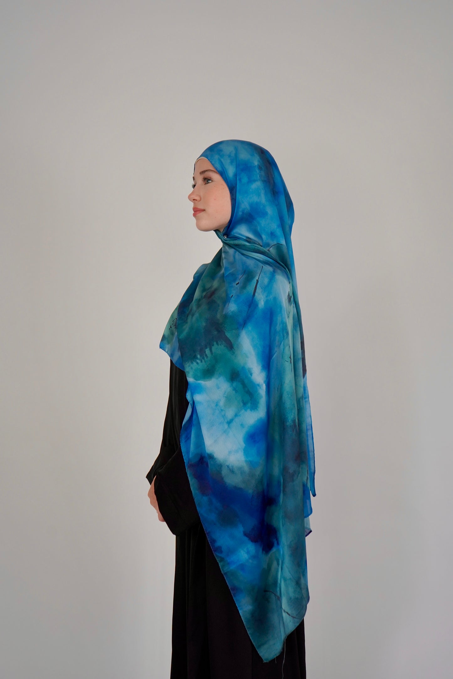 Printed Satin Hijab - Blue Tide