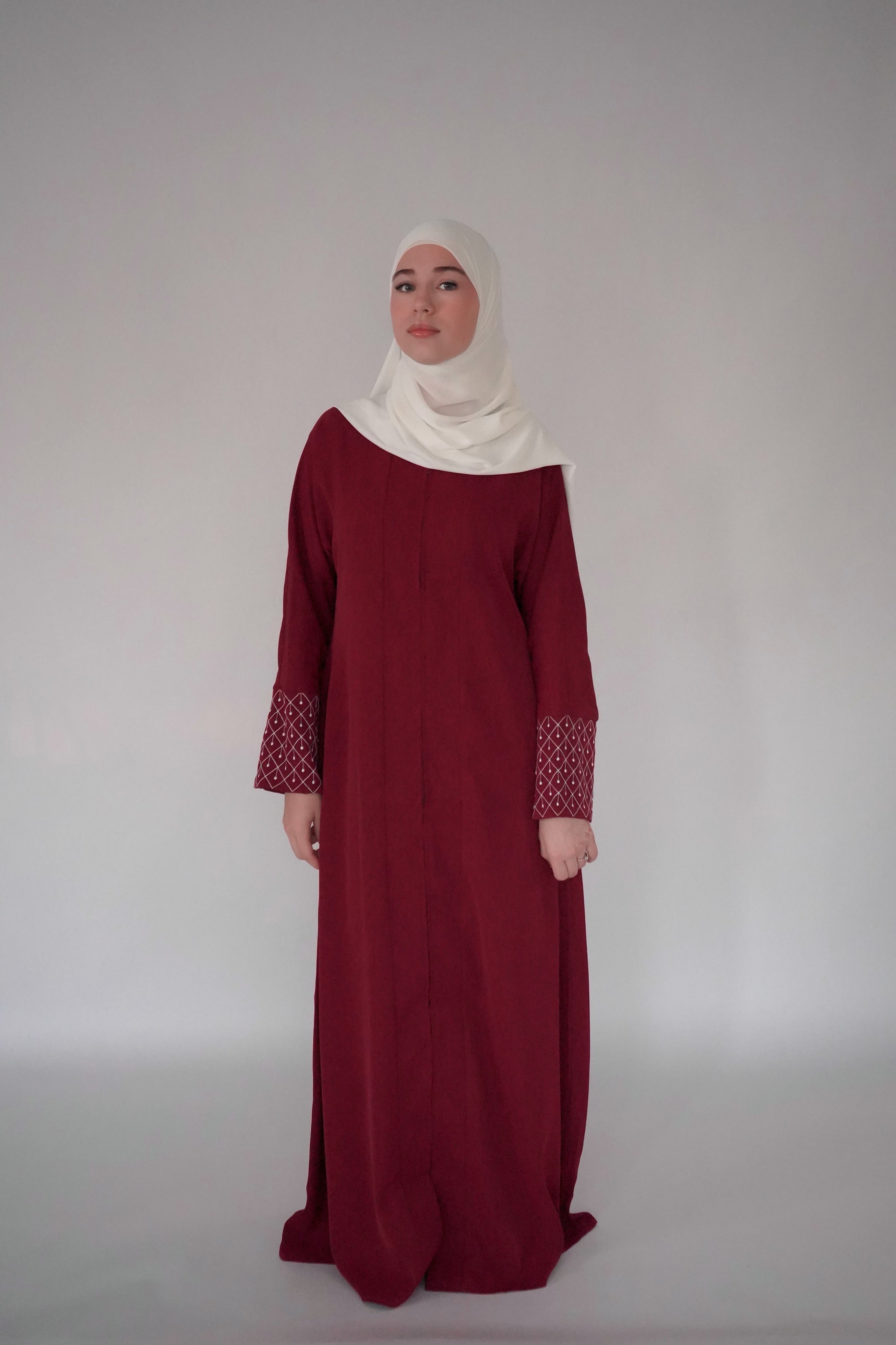 Zip Up Embroidery Abaya - Maroon
