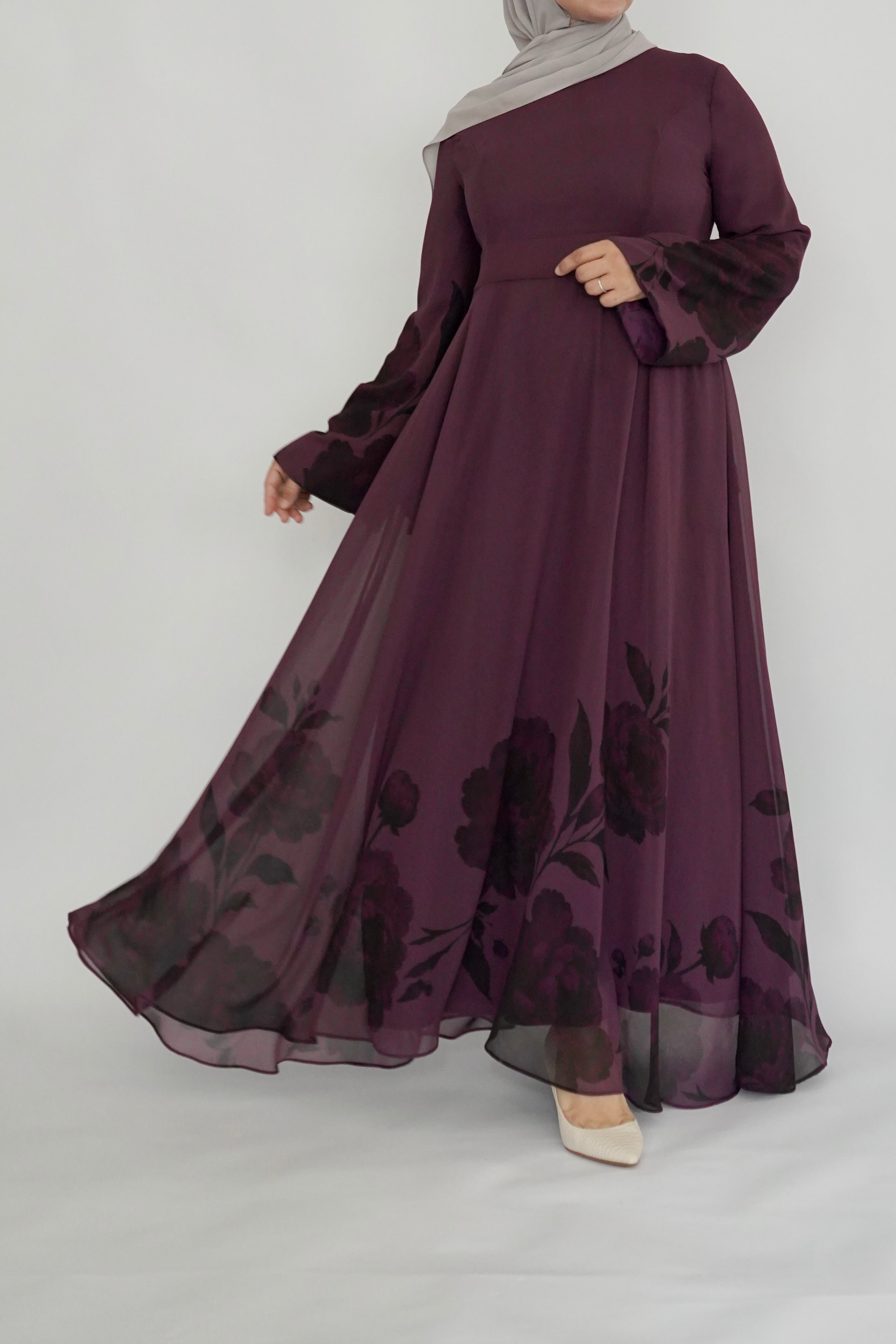 Plum Floral Print Dress - Chiffon