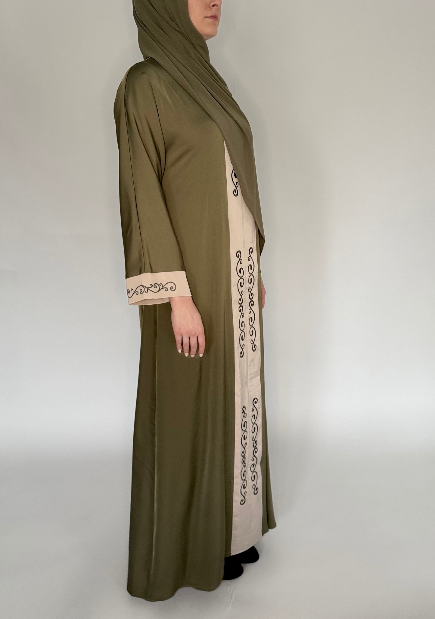 Zip Up Embroidery Abaya - Olive