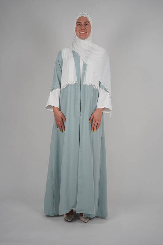 LUX Two Piece Open Front Embroidered Abaya - Mint Green and White