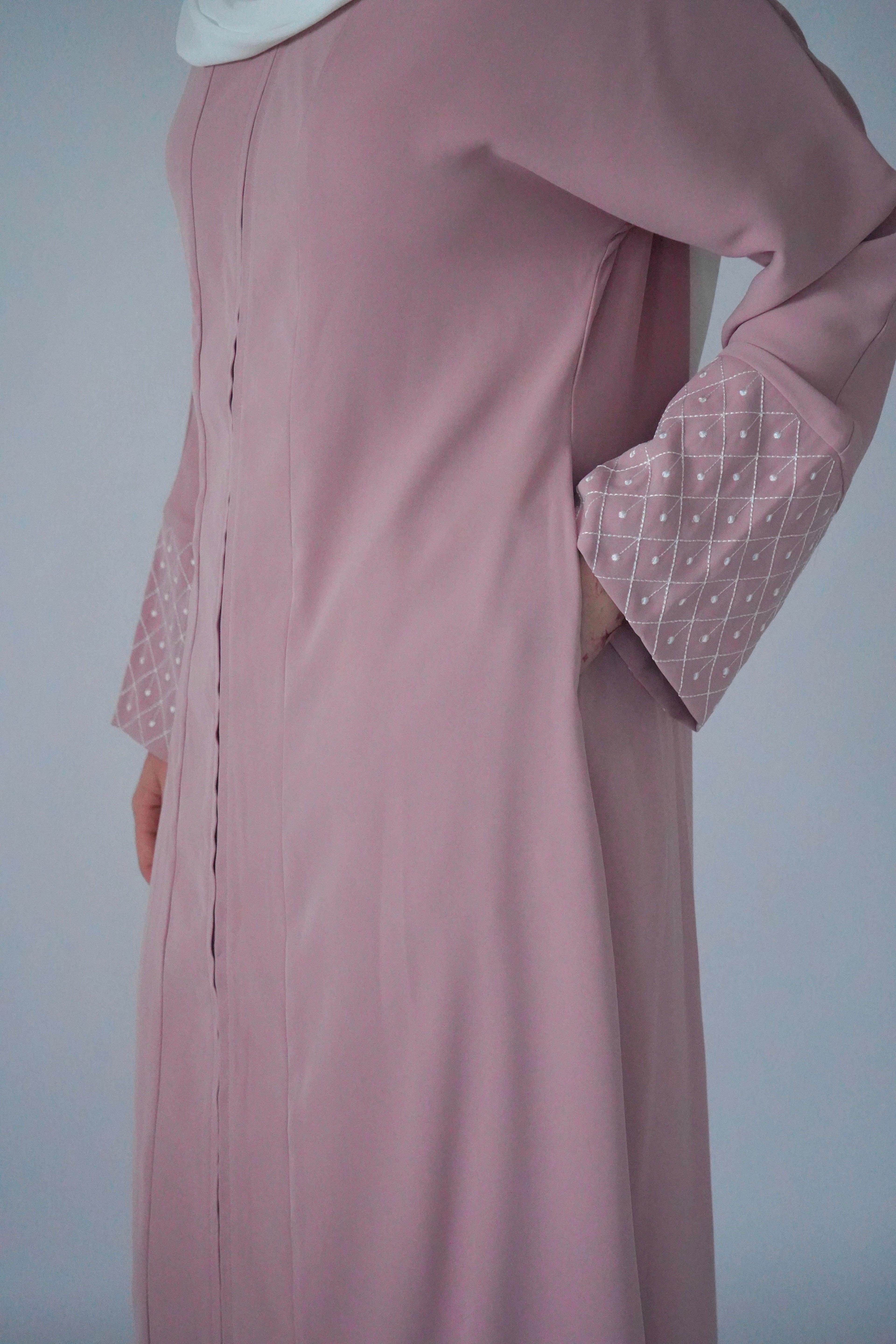 Zip Up Embroidery Abaya - Pink