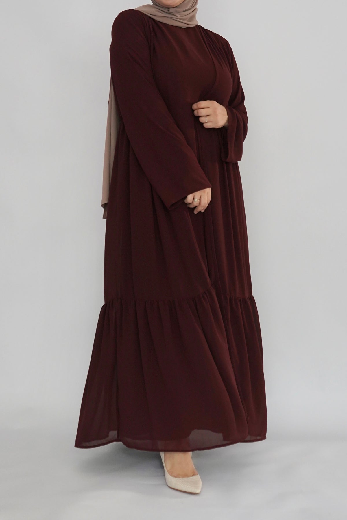Two Piece Tiered Chiffon Abaya - Deep Maroon