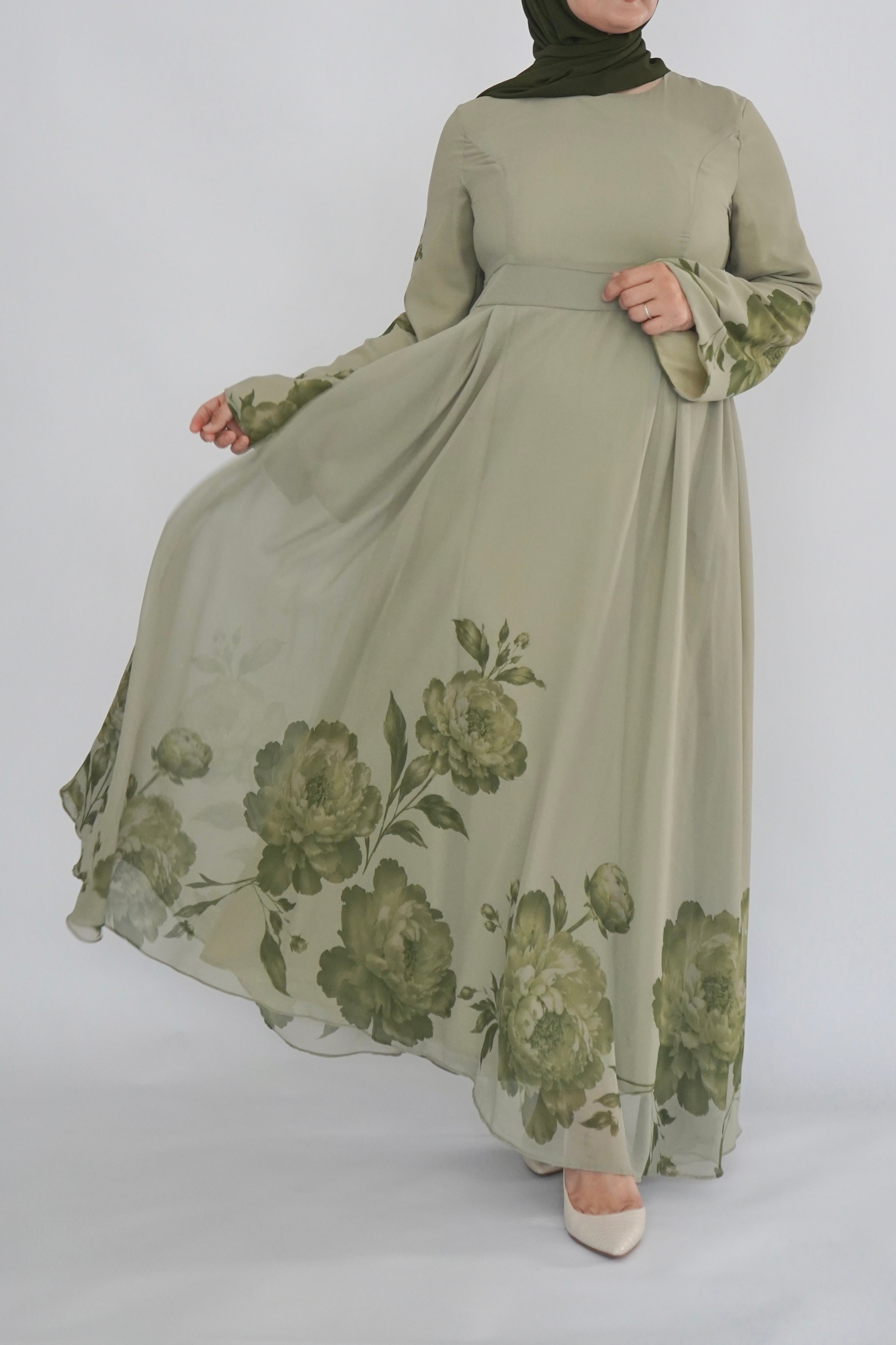 Olive Floral Print Dress - Chiffon