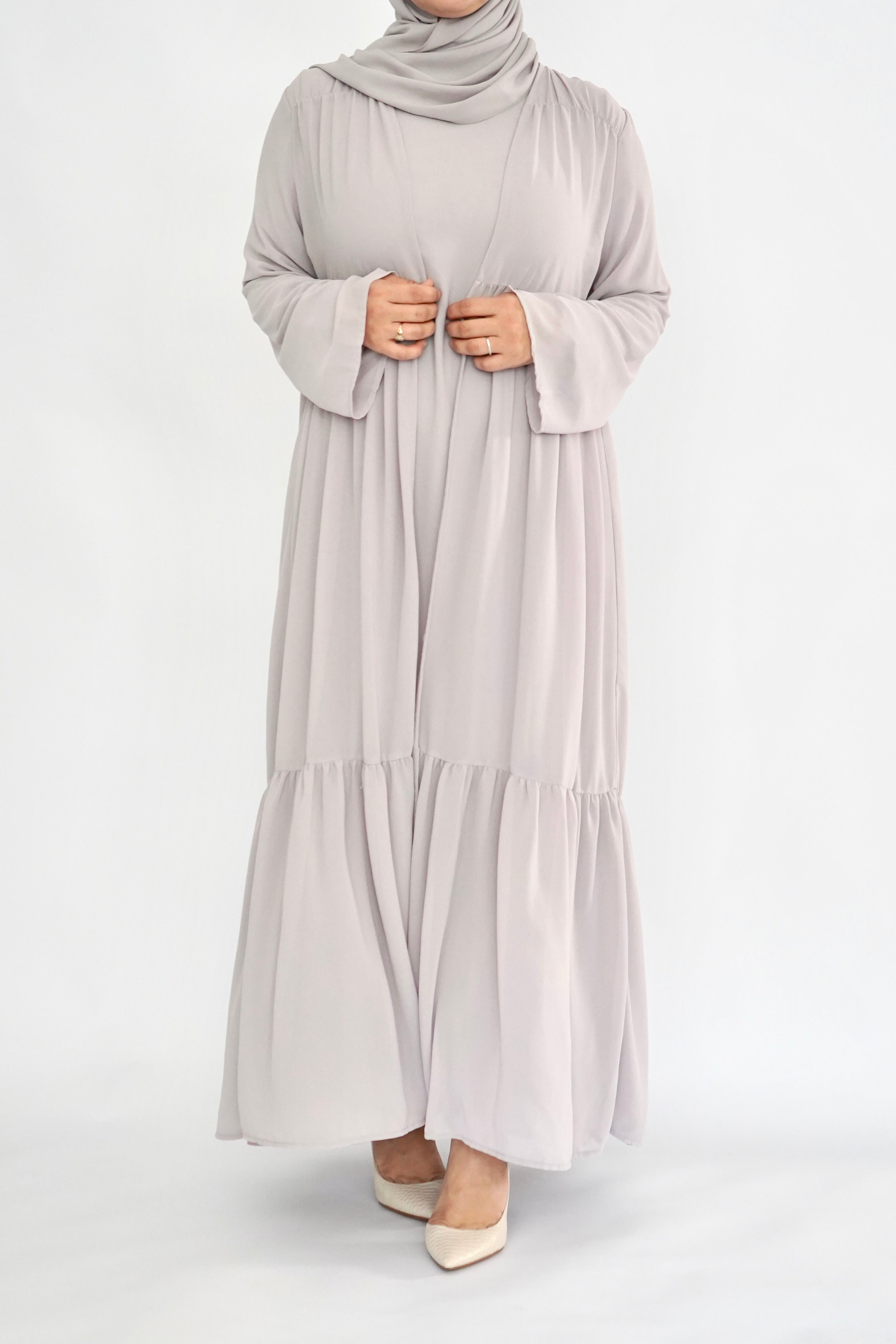 Two Piece Tiered Chiffon Abaya - Soft Lavender