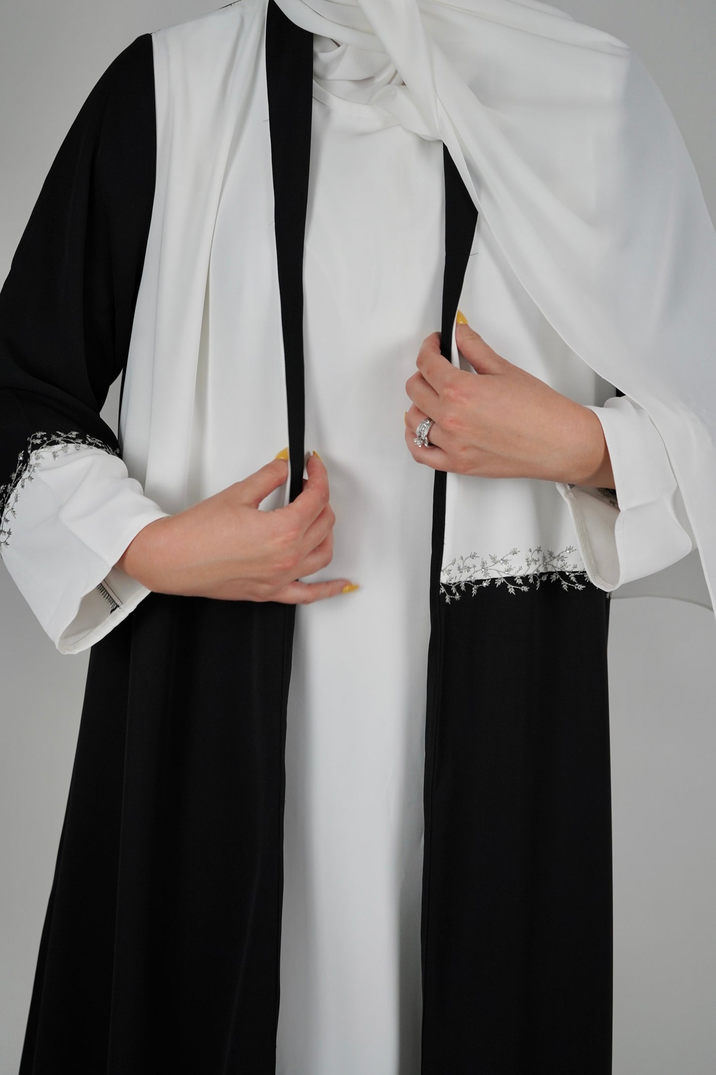 LUX Two Piece Open Front Embroidered Abaya - Black and White