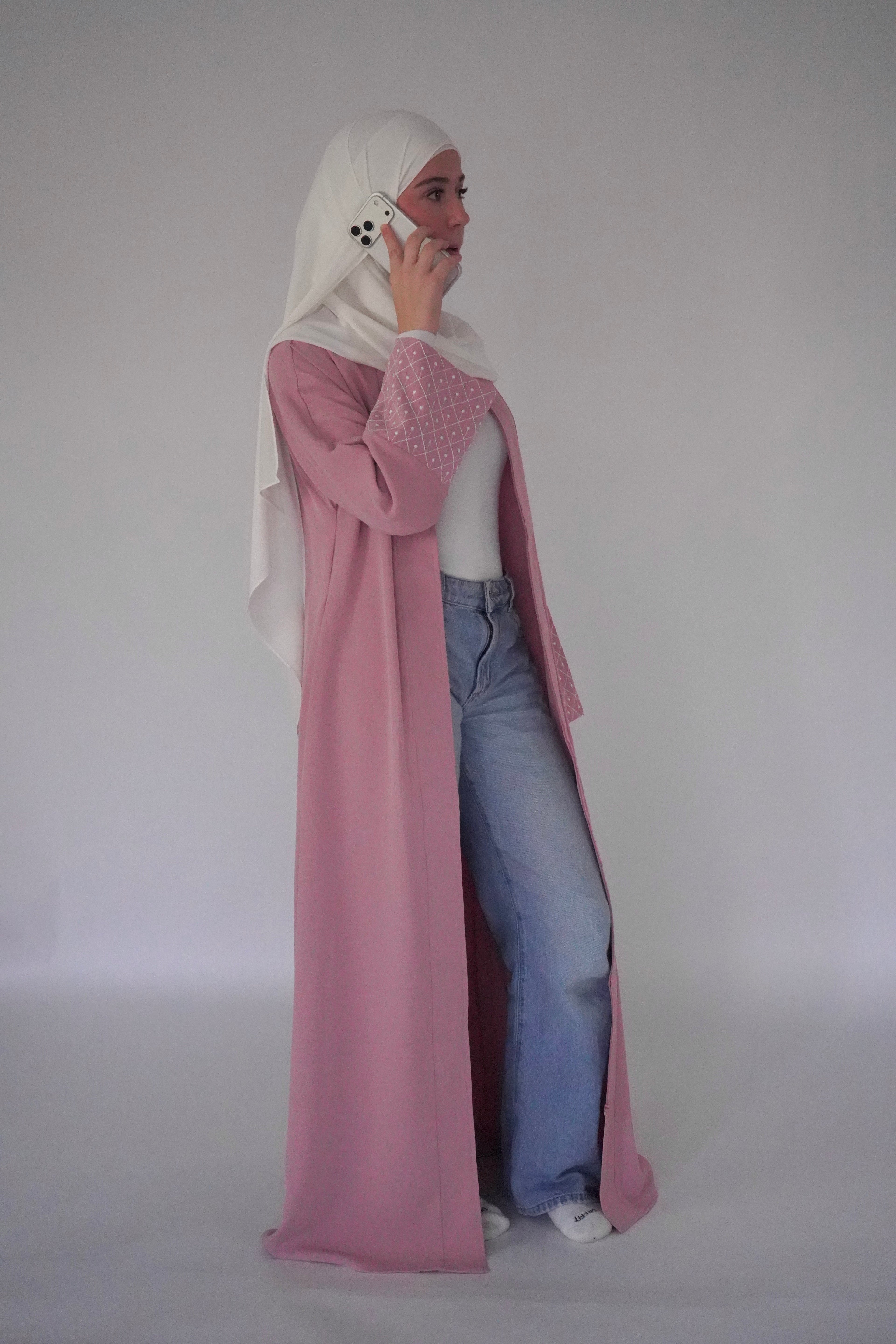 Zip Up Embroidery Abaya - Pink