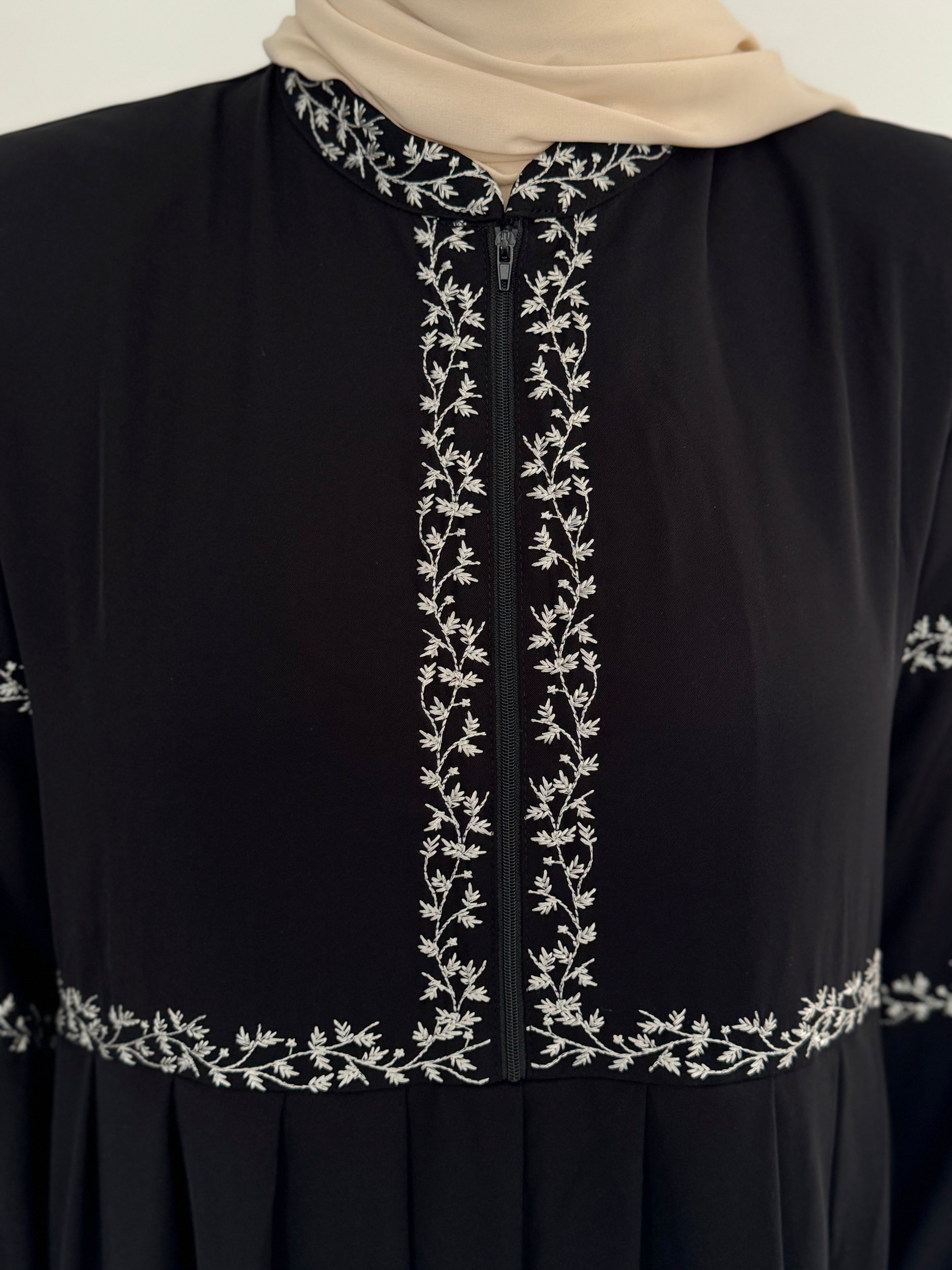 Three Tier Pleated Embroidered Dress - Black