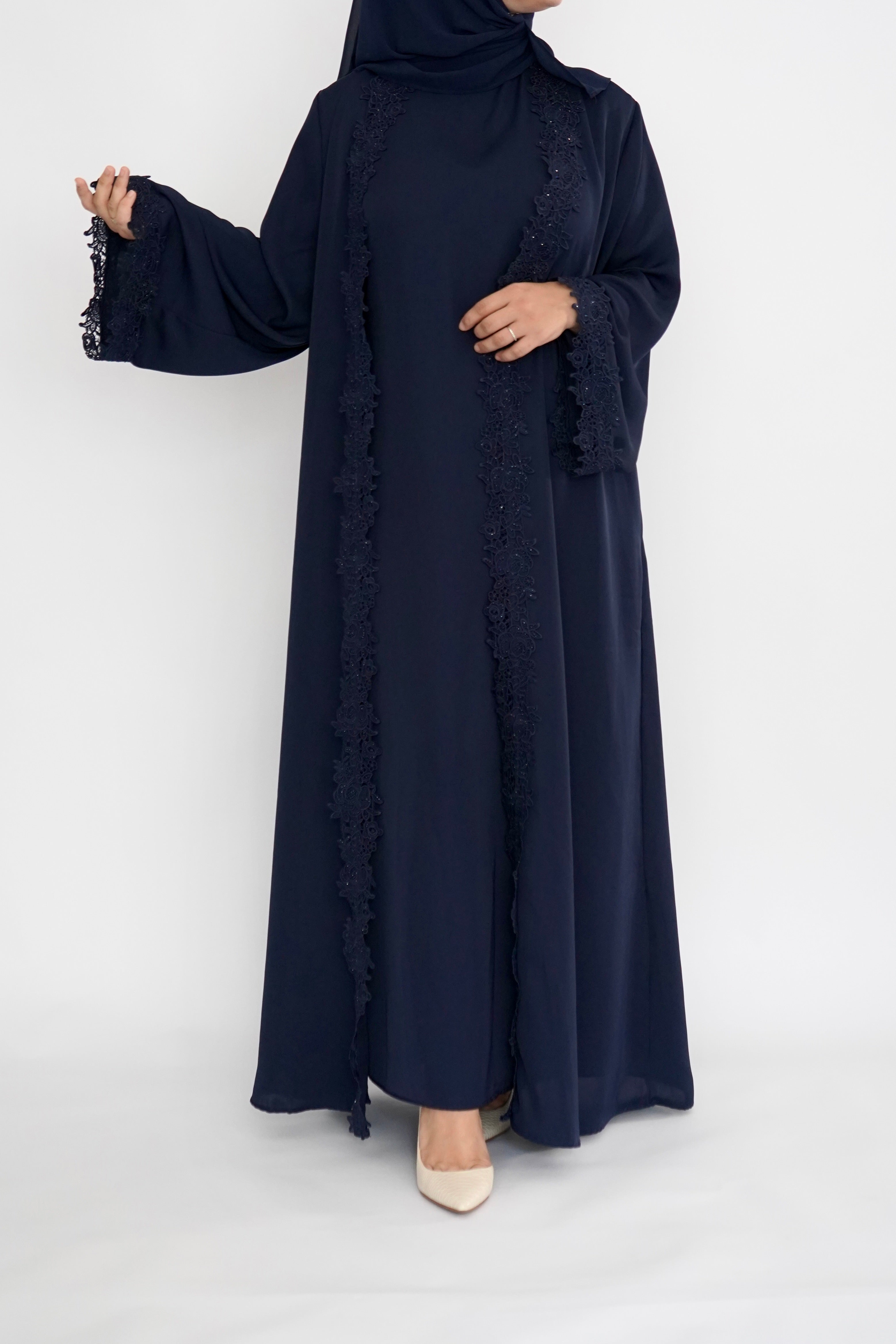 LUX 3 Piece Open Front Lace Abaya - Navy