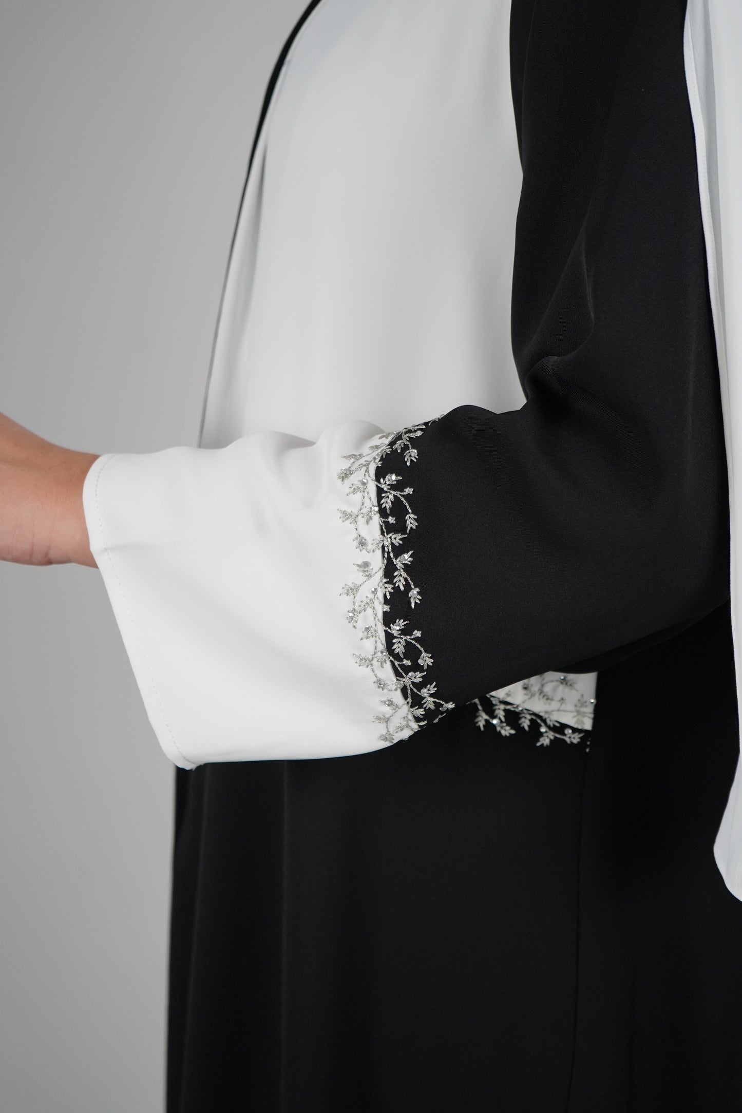 LUX Two Piece Open Front Embroidered Abaya - Black and White