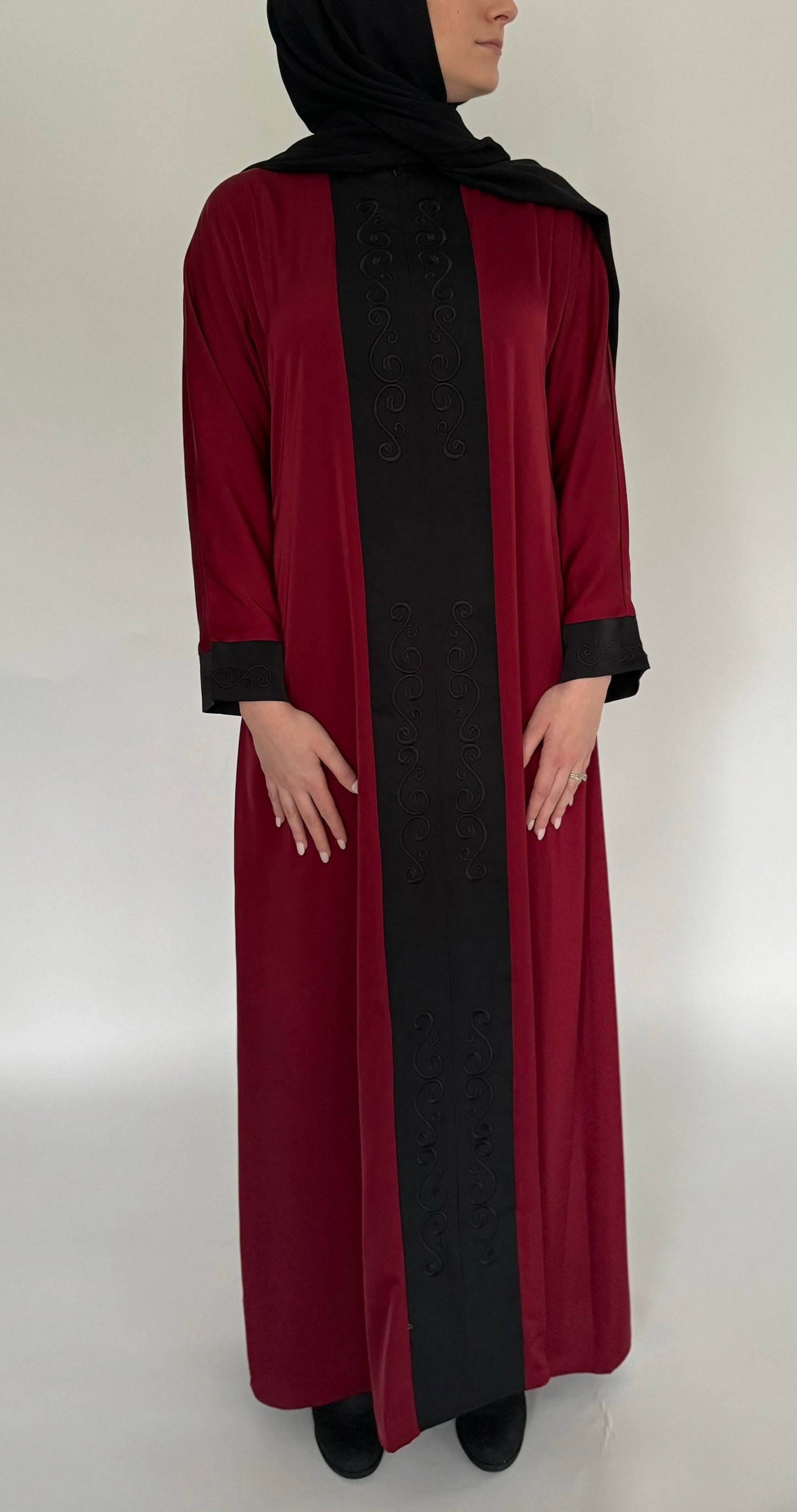 Zip Up Embroidery Abaya - Maroon