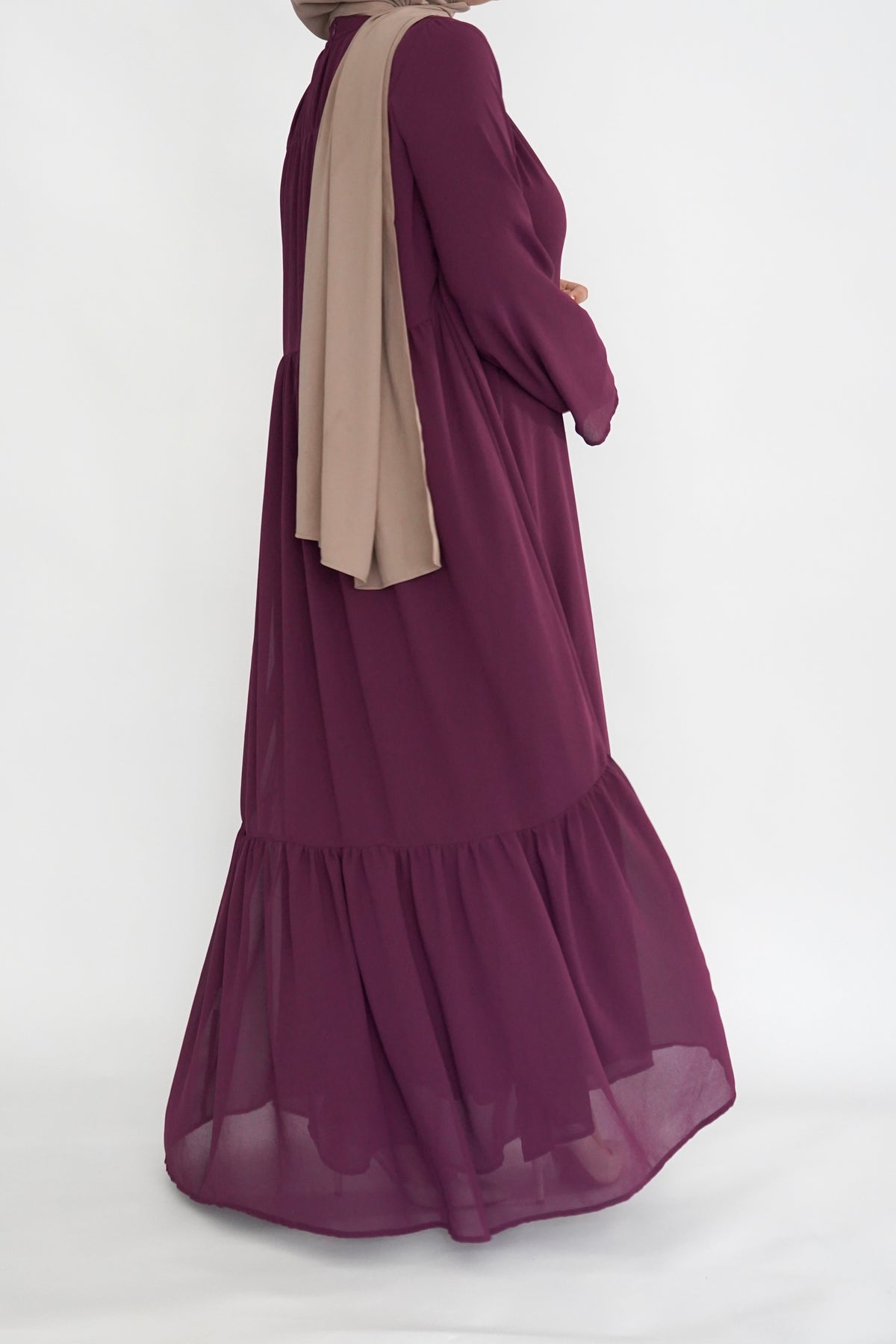Two Piece Tiered Chiffon Abaya - Plum