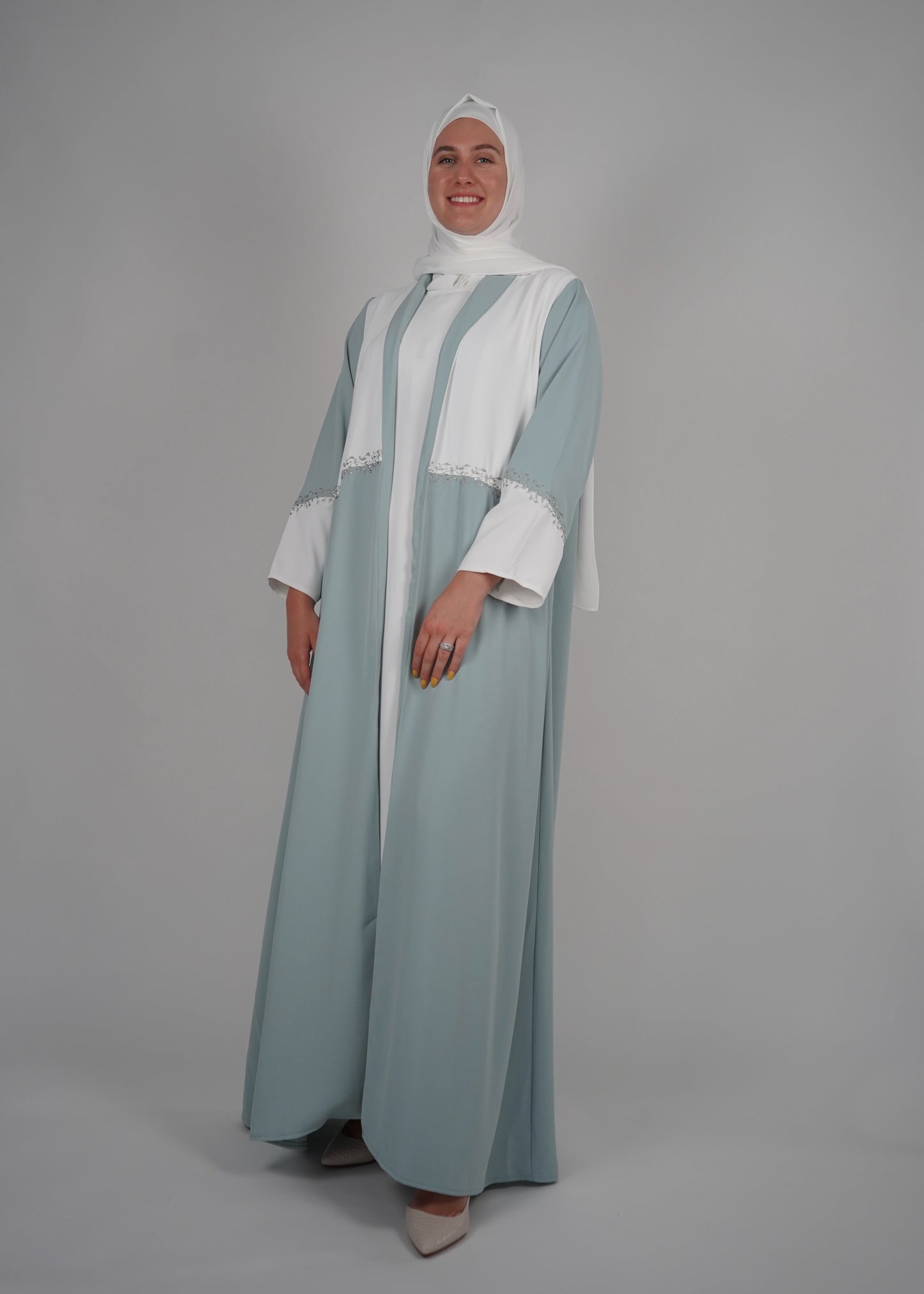 LUX Two Piece Open Front Embroidered Abaya - Mint Green and White