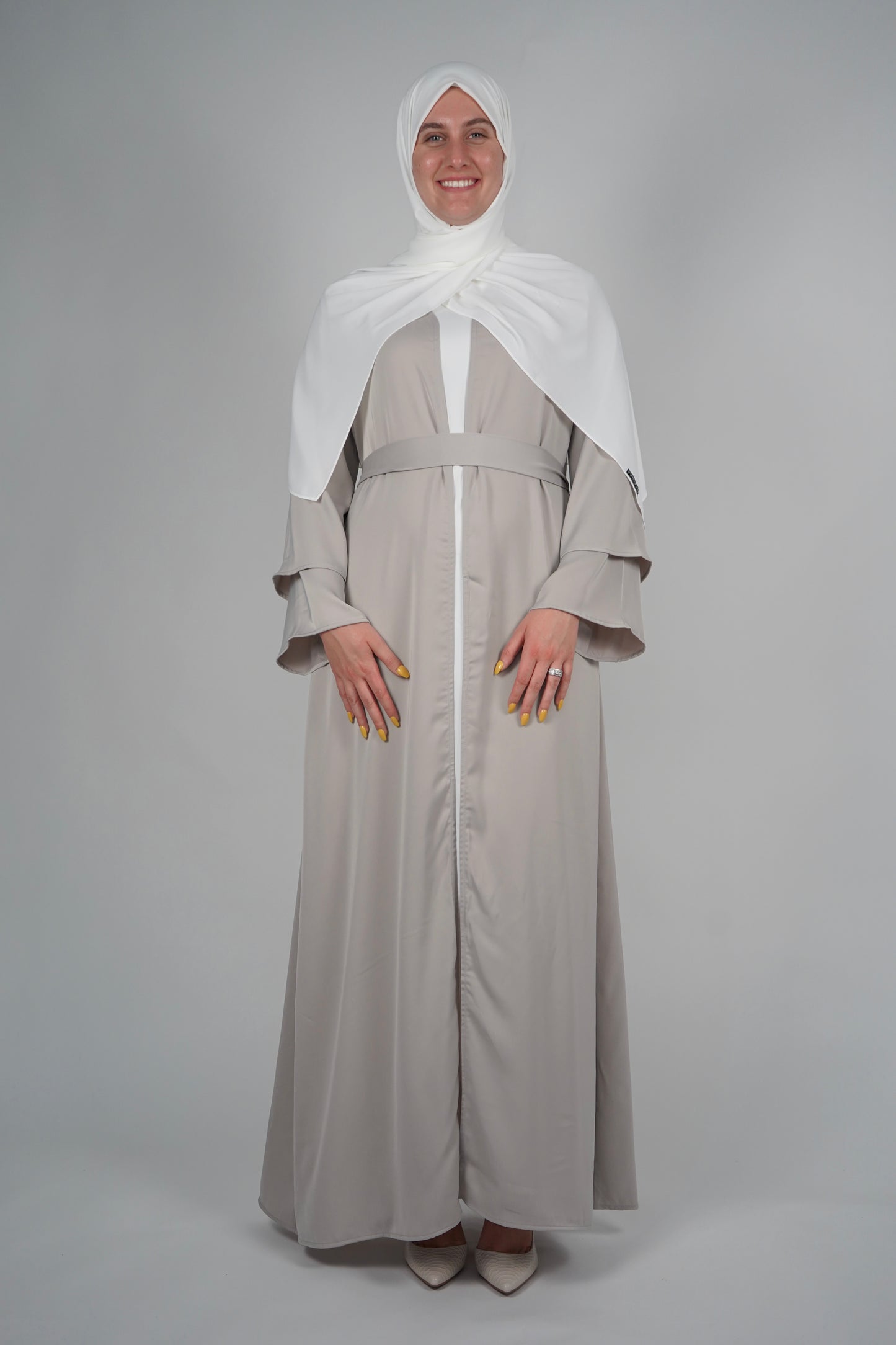 Two Piece Open Front Satin Abaya - Stone