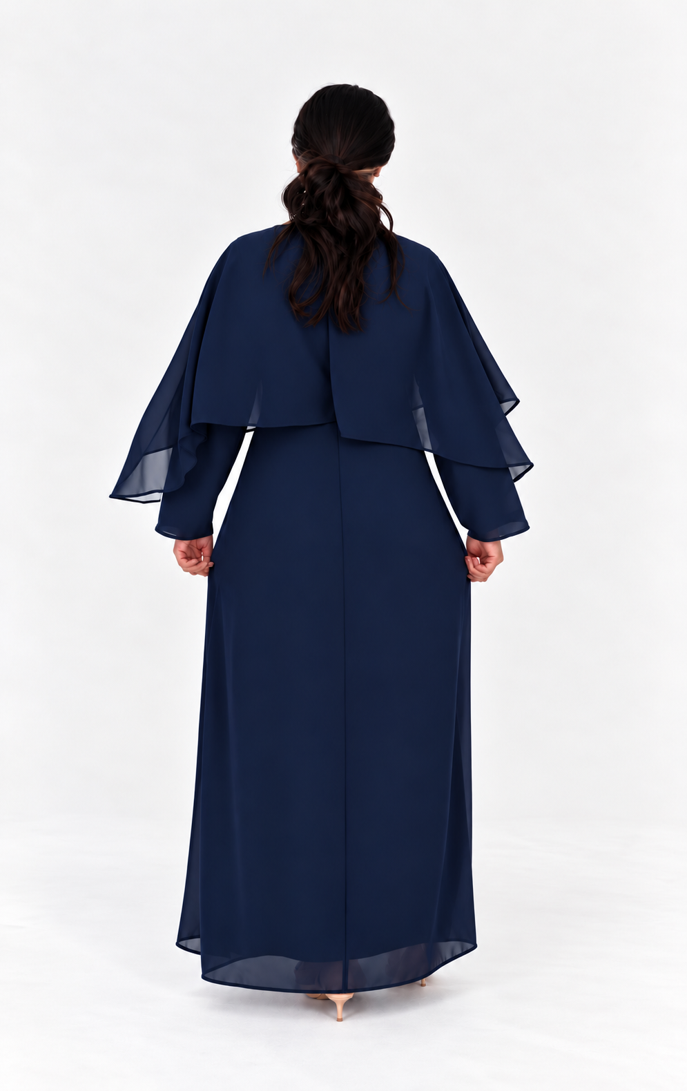 Rhinestone Cape Chiffon Dress - Navy Blue