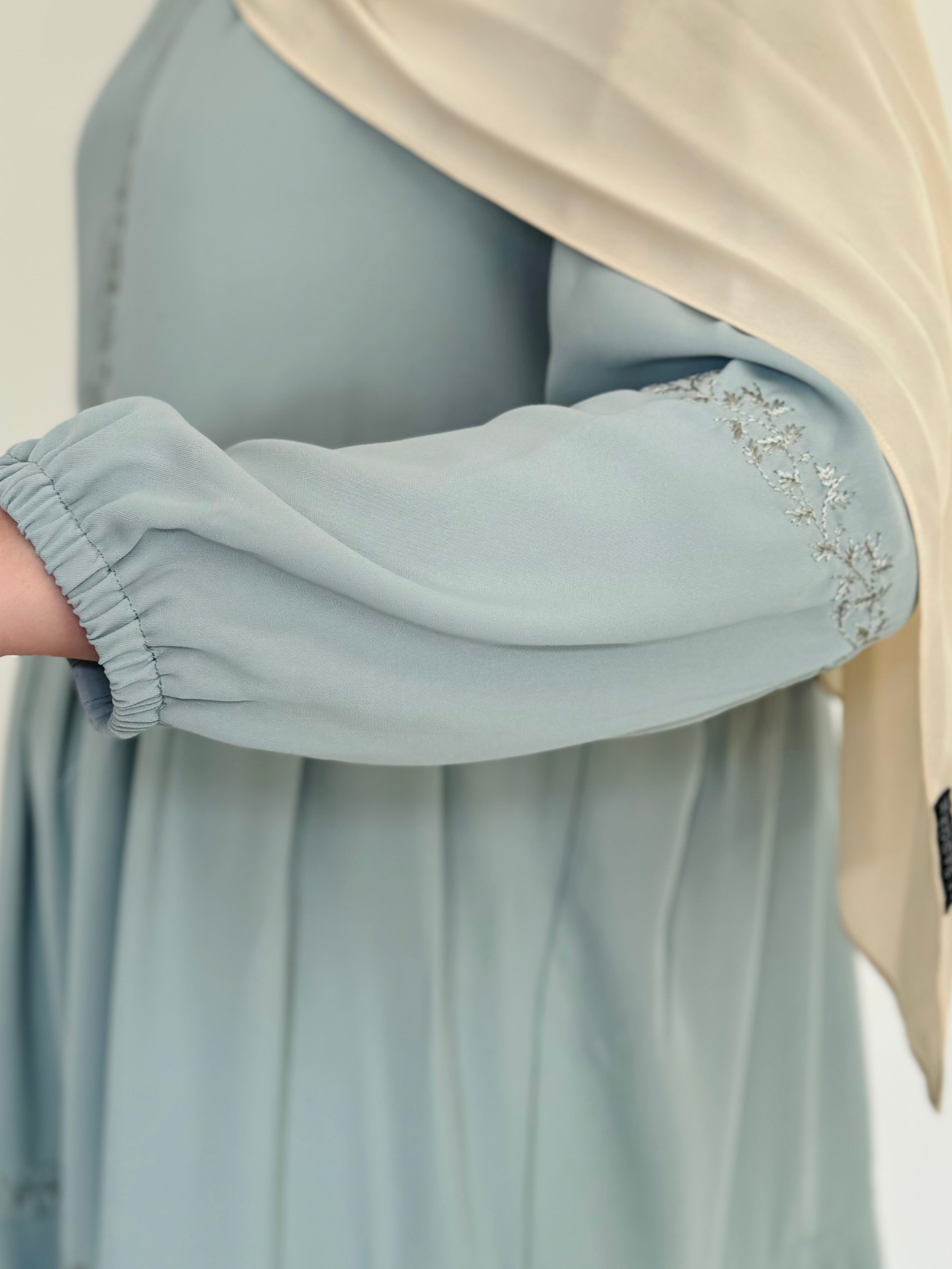 Three Tier Pleated Embroidered Dress - Mint Green