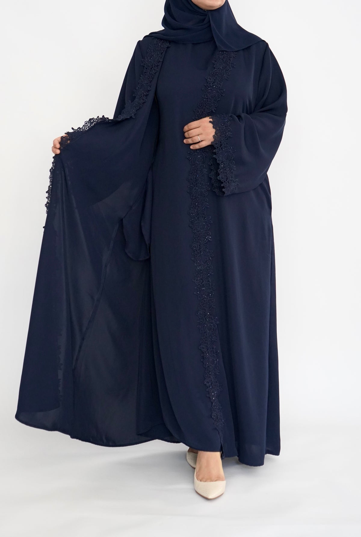 LUX 3 Piece Open Front Lace Abaya - Navy
