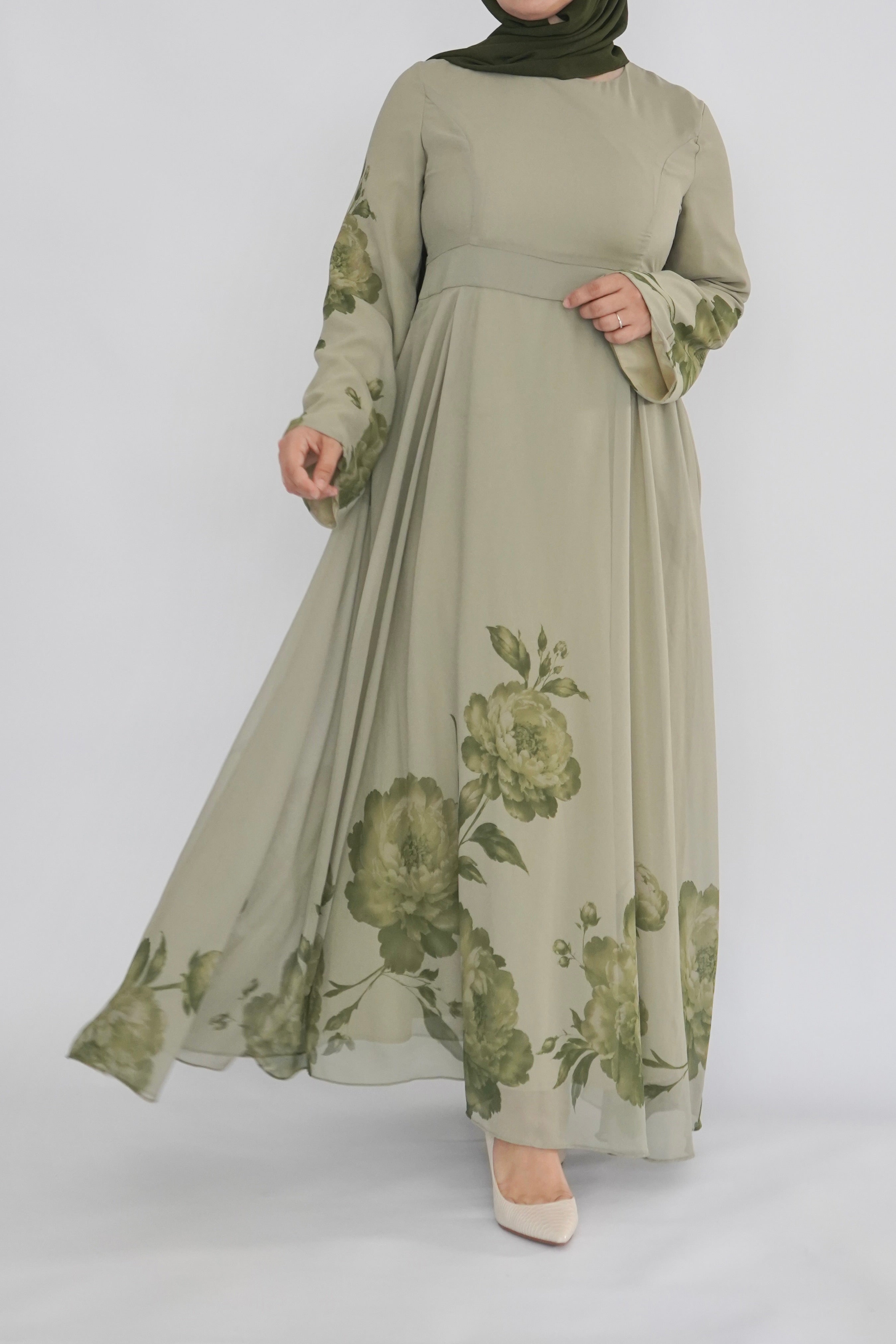 Olive Floral Print Dress - Chiffon