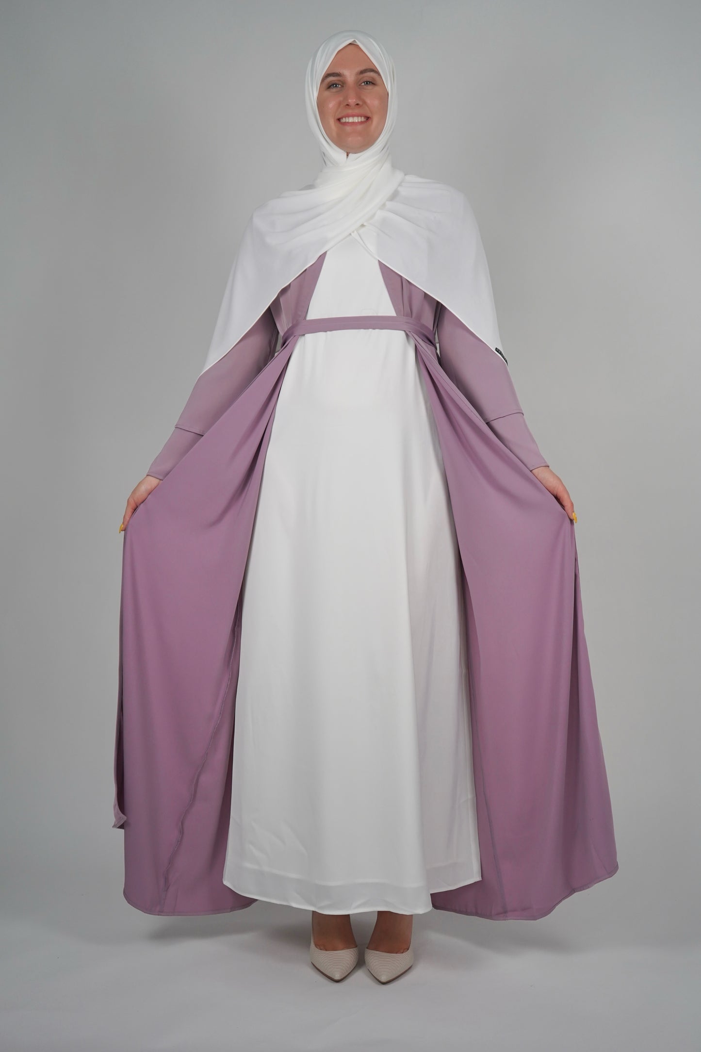 Two Piece Open Front Satin Abaya - Lilac