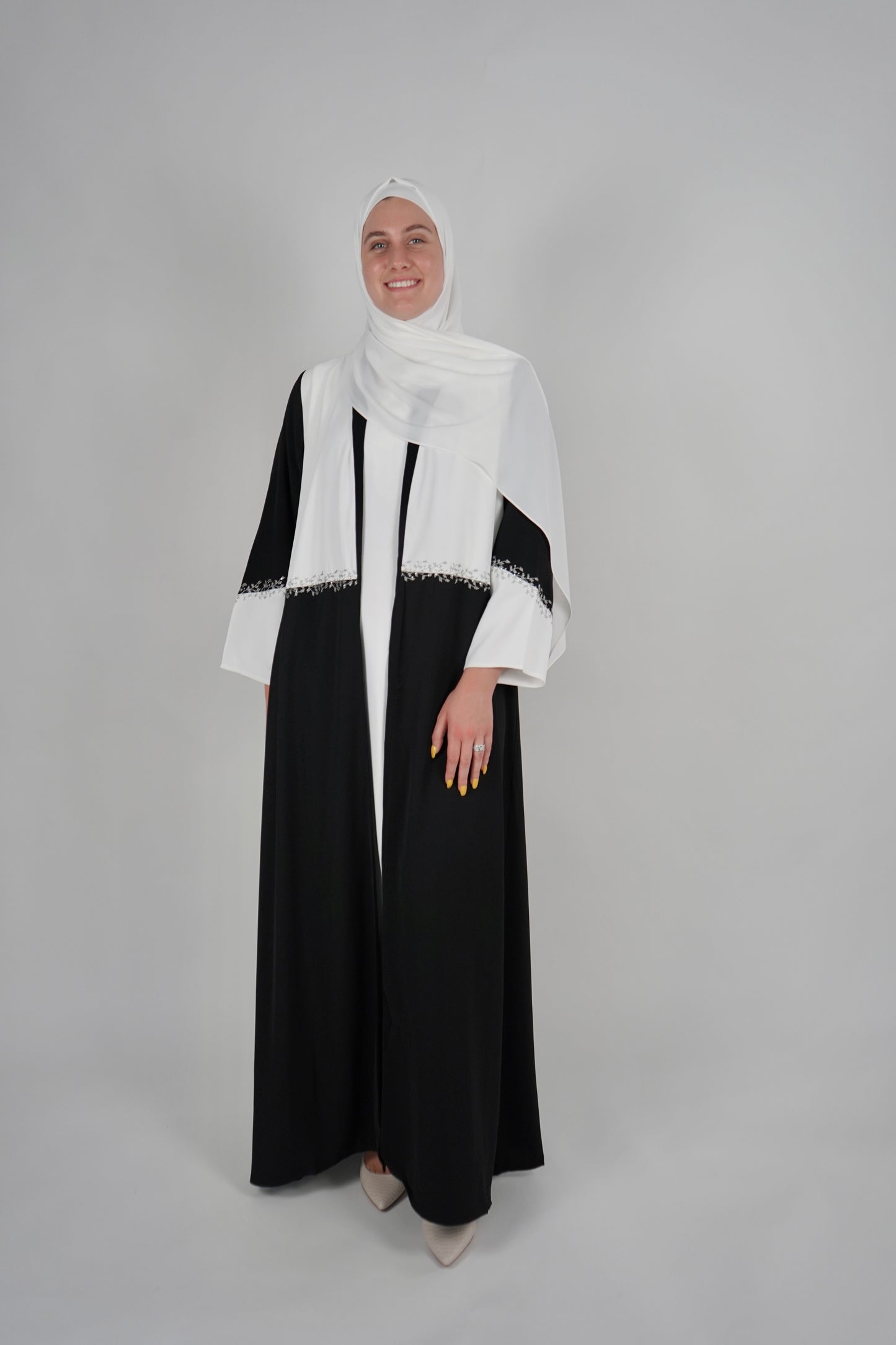 LUX Two Piece Open Front Embroidered Abaya - Black and White