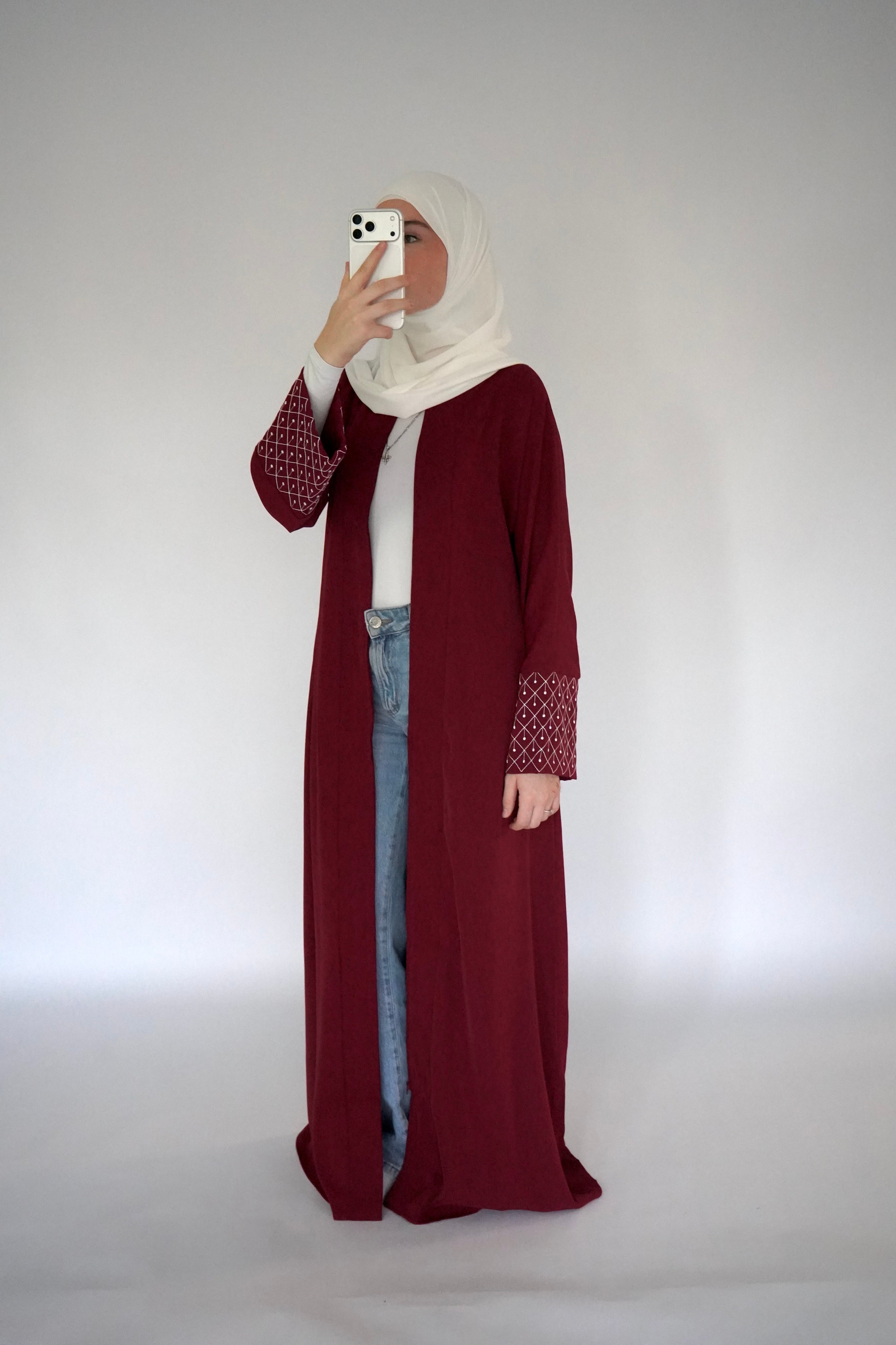 Zip Up Embroidery Abaya - Maroon