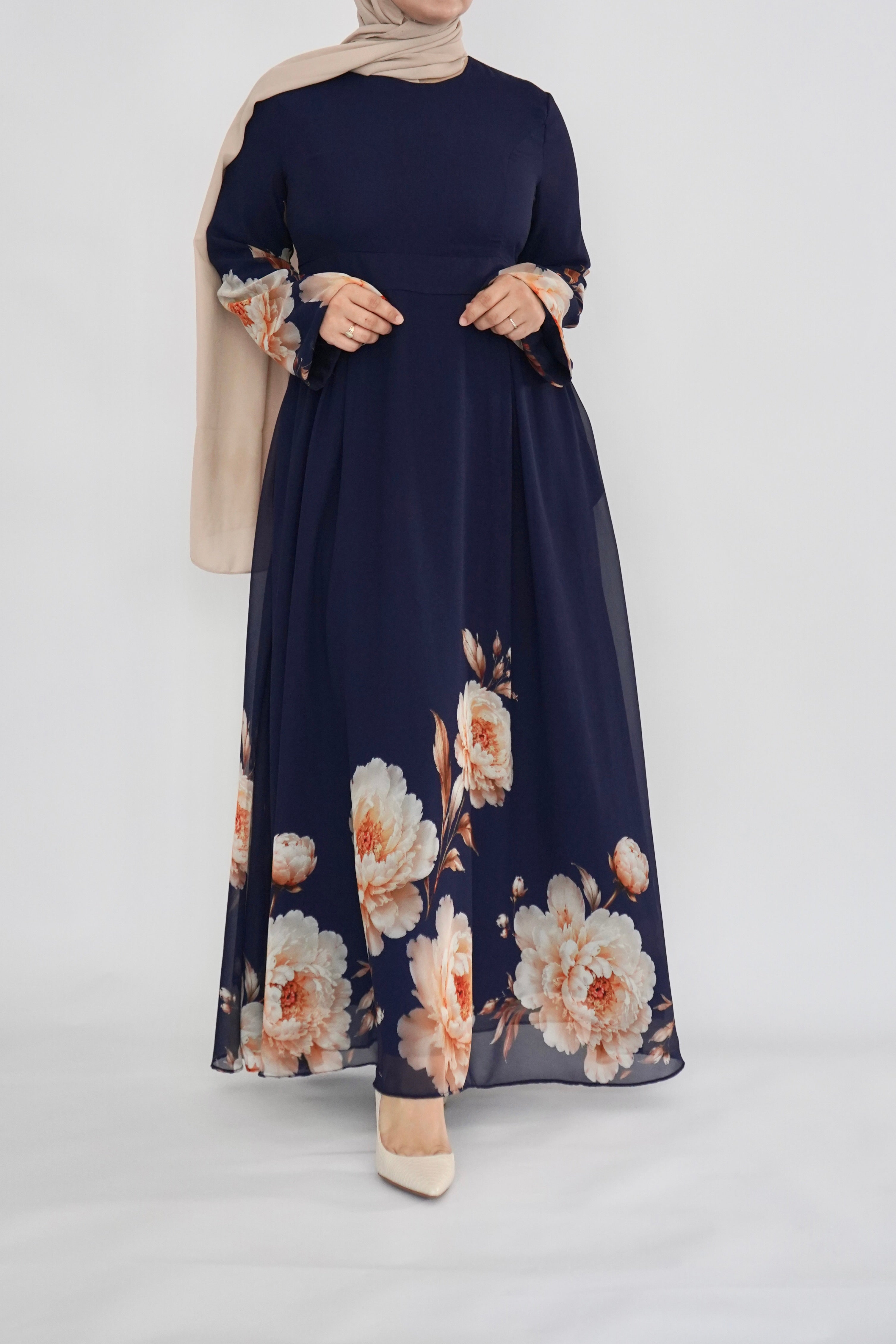 Navy Floral Print Dress - Chiffon