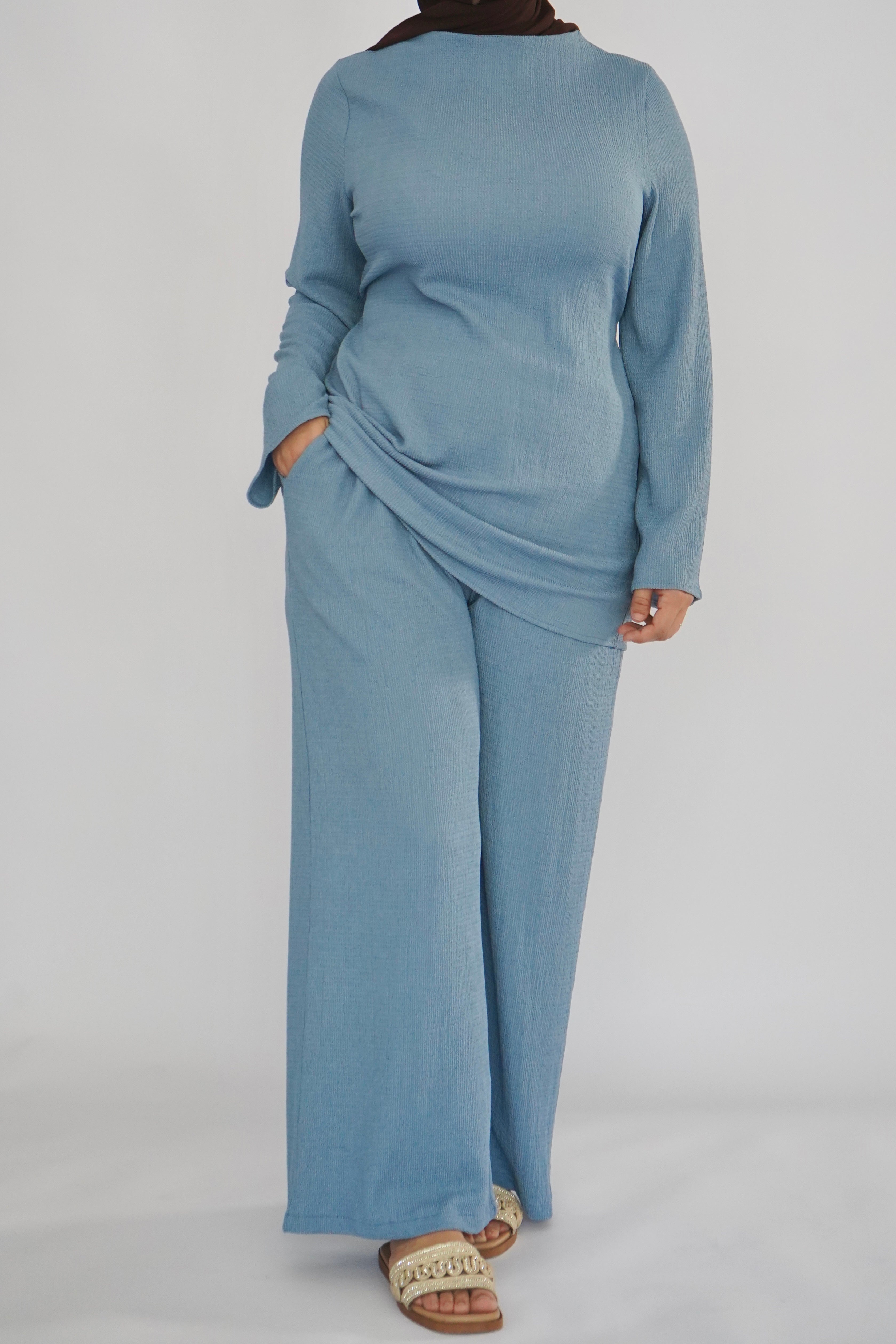 Textured Tunic & Pants Set - Dusty Blue