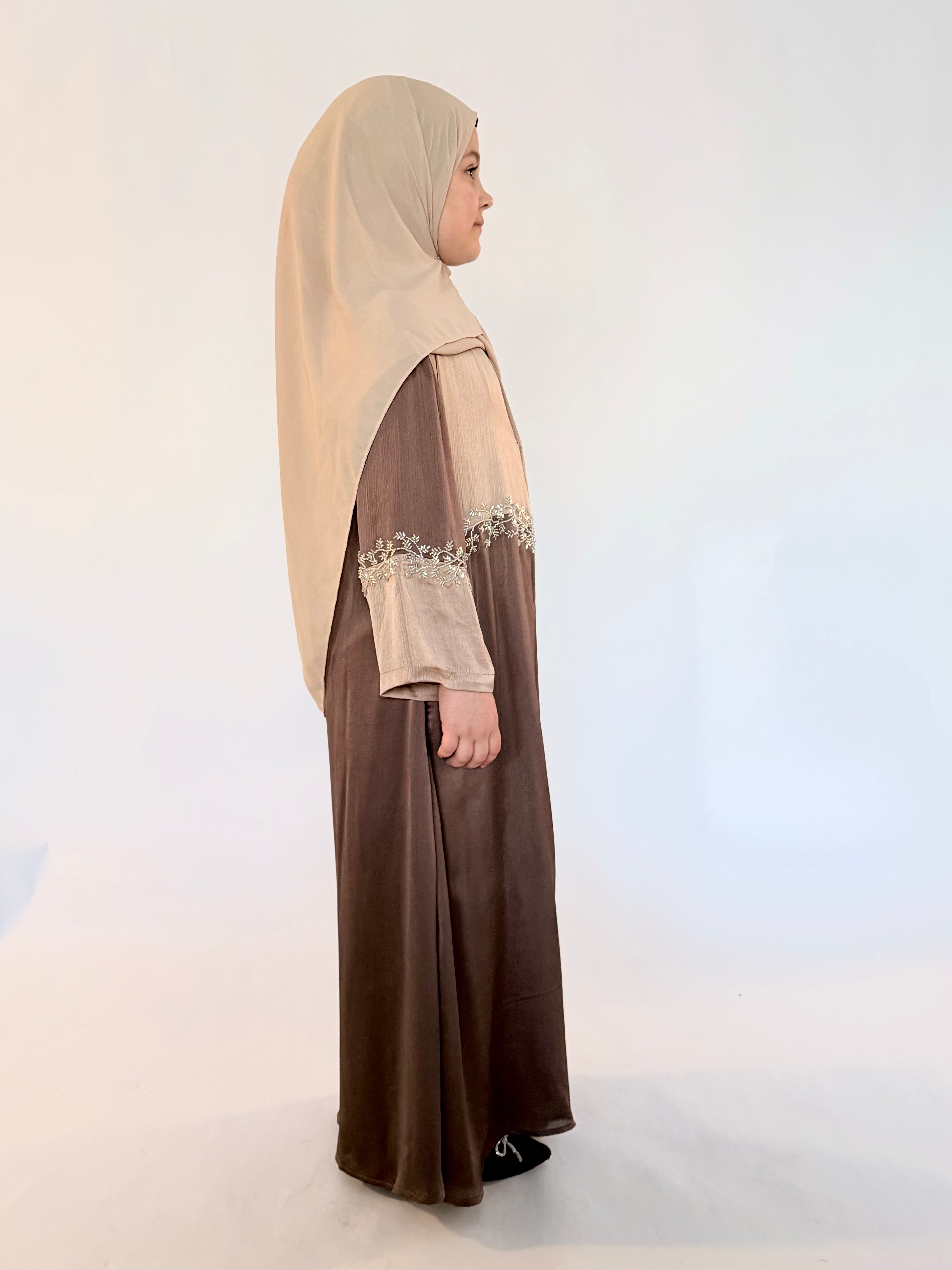 Kids Two Piece Beaded Abaya - Brown