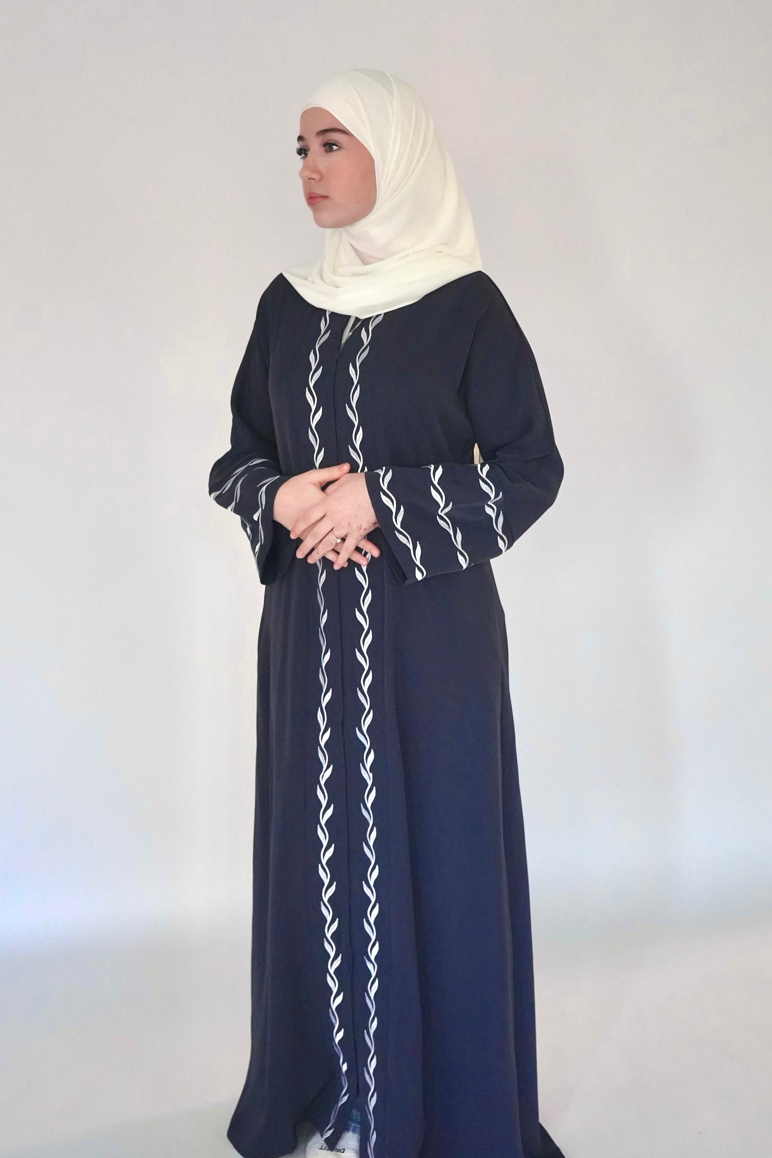 Zip Up Embroidery Abaya - Navy