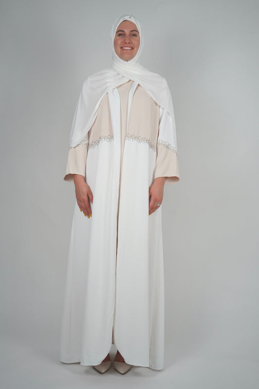 LUX Two Piece Open Front Embroidered Abaya - White and Beige