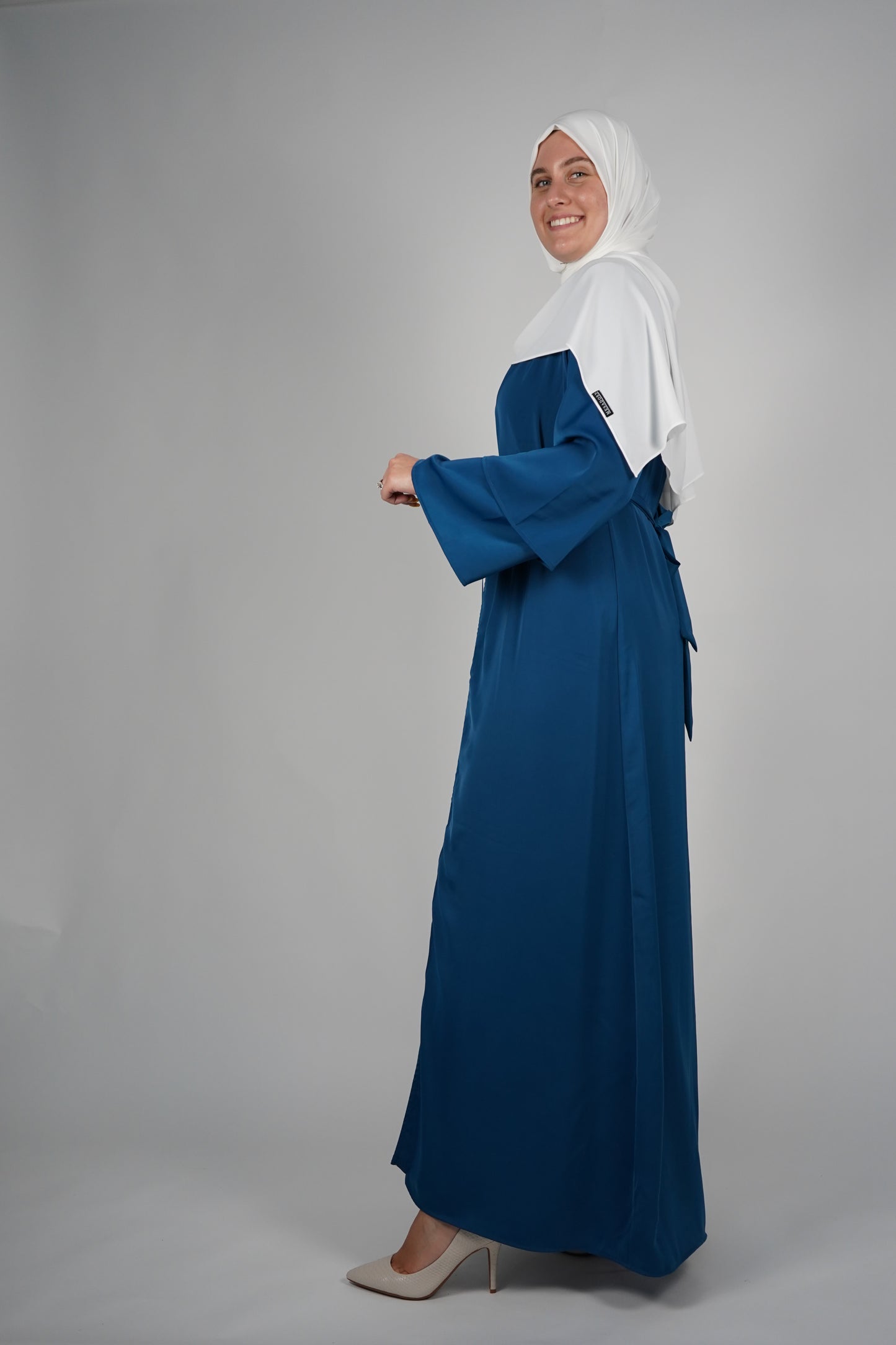 Two Piece Open Front Satin Abaya - Teal Blue