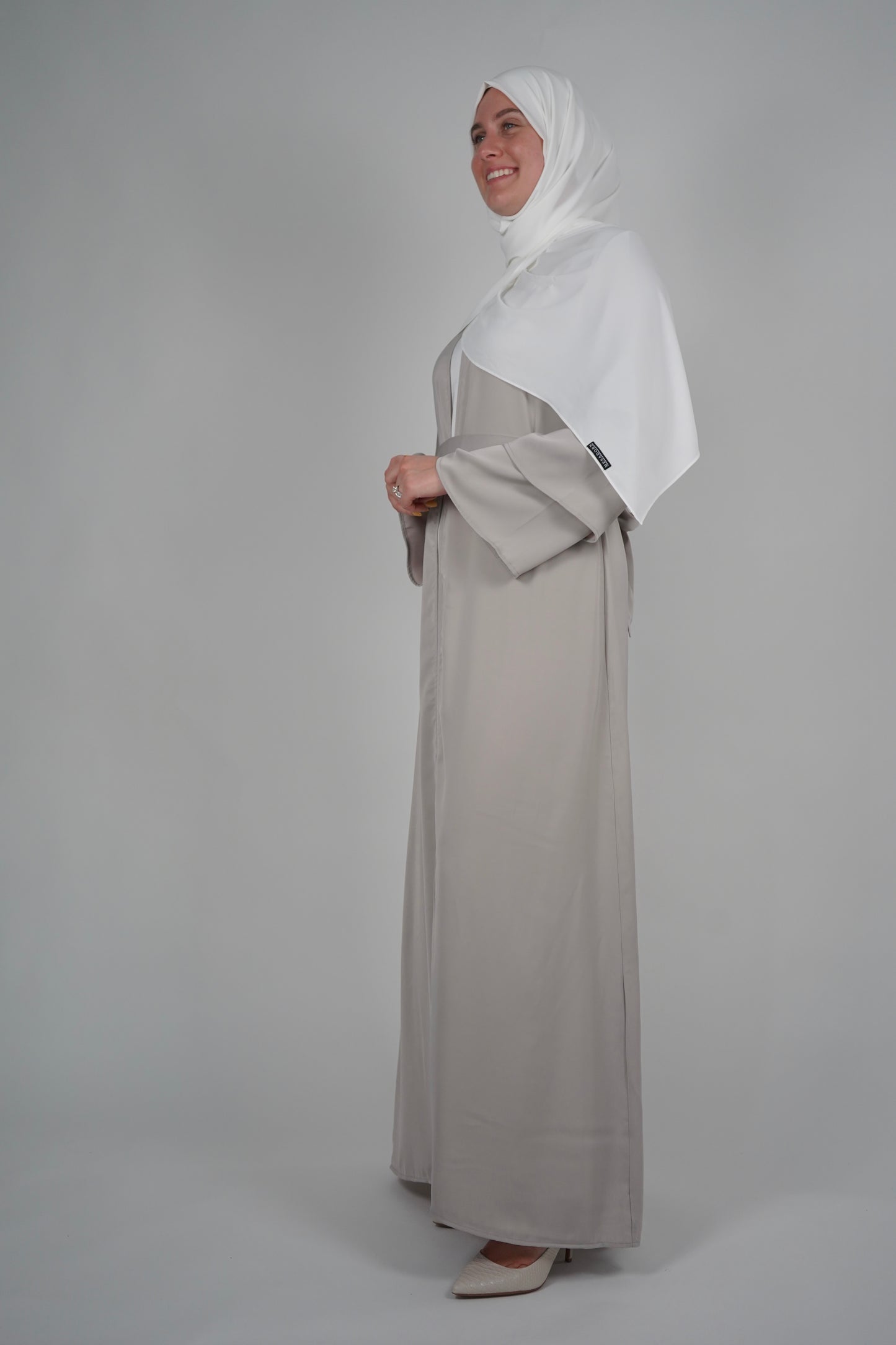 Two Piece Open Front Satin Abaya - Stone