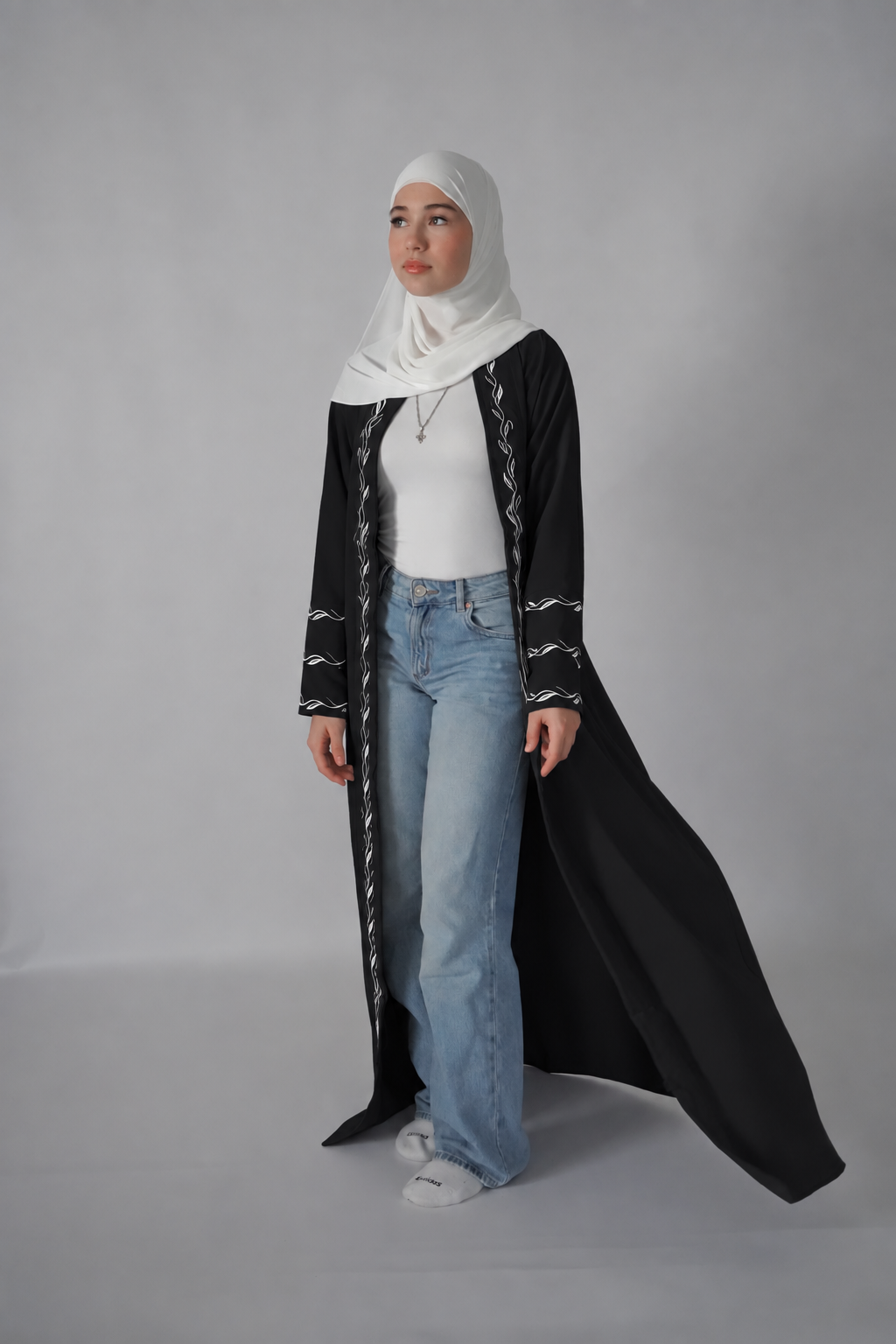 Zip Up Embroidery Abaya - Black
