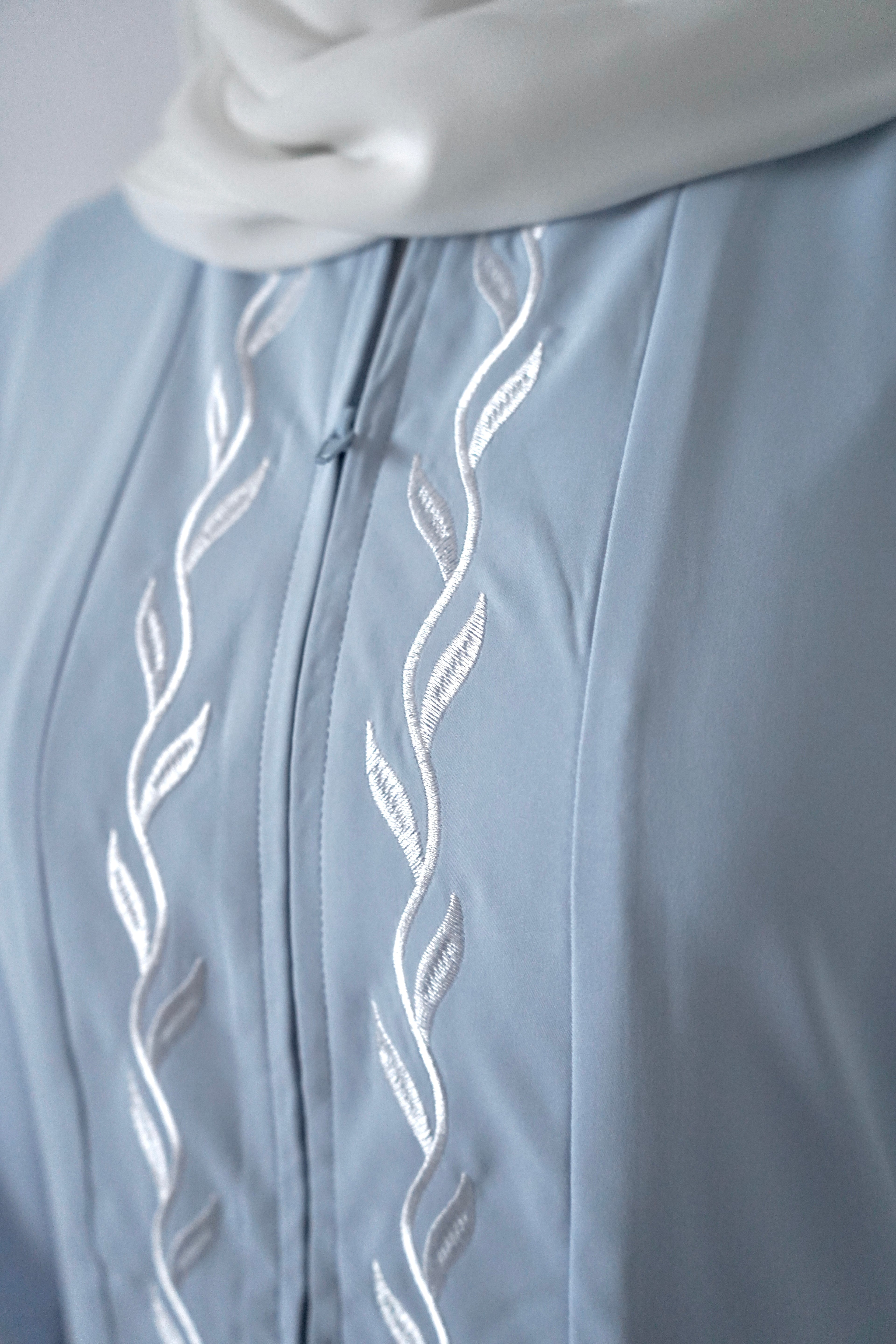 Zip Up Embroidery Abaya - Light Blue