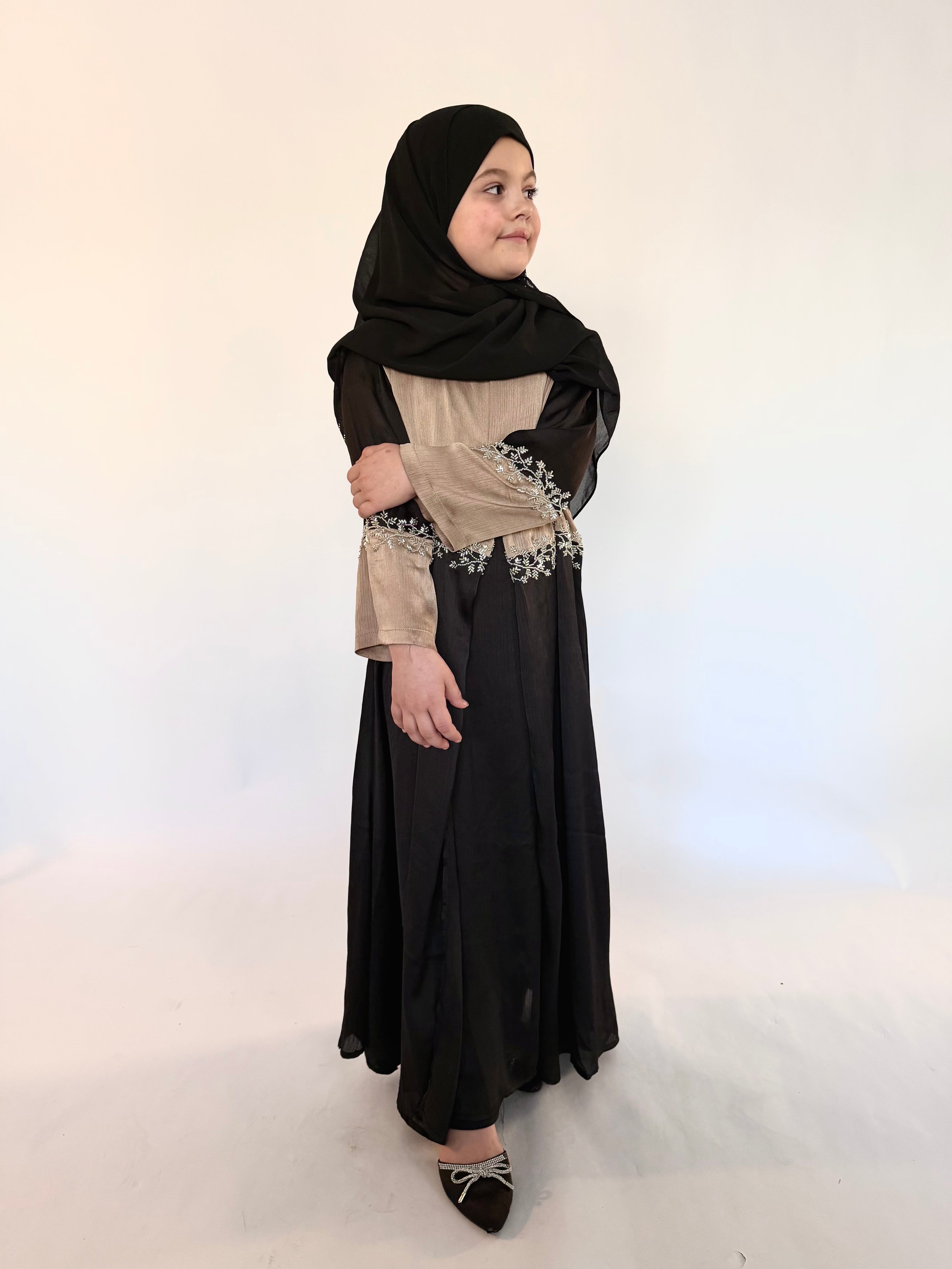 Kids Two Piece Beaded Abaya - Black