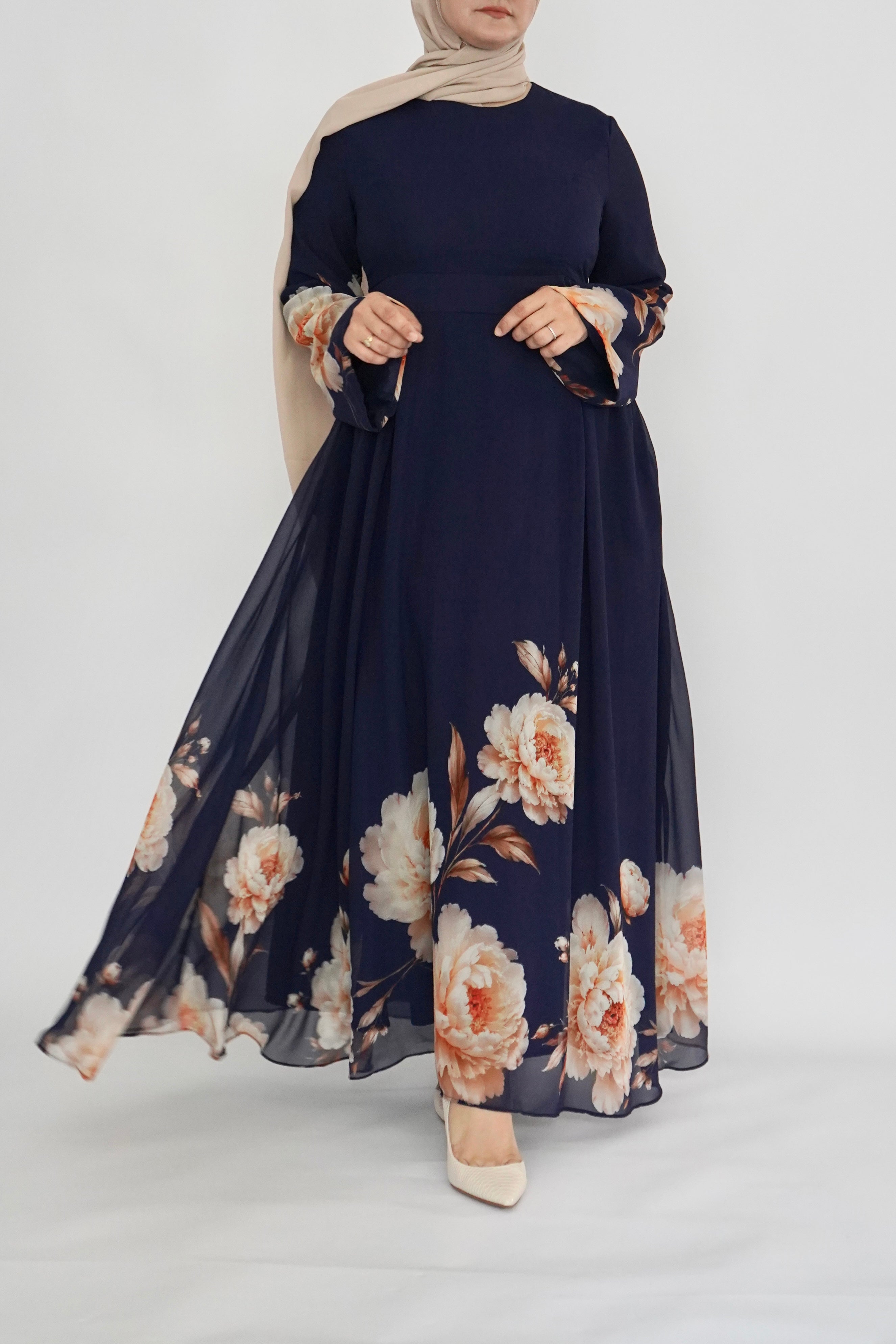Navy Floral Print Dress - Chiffon