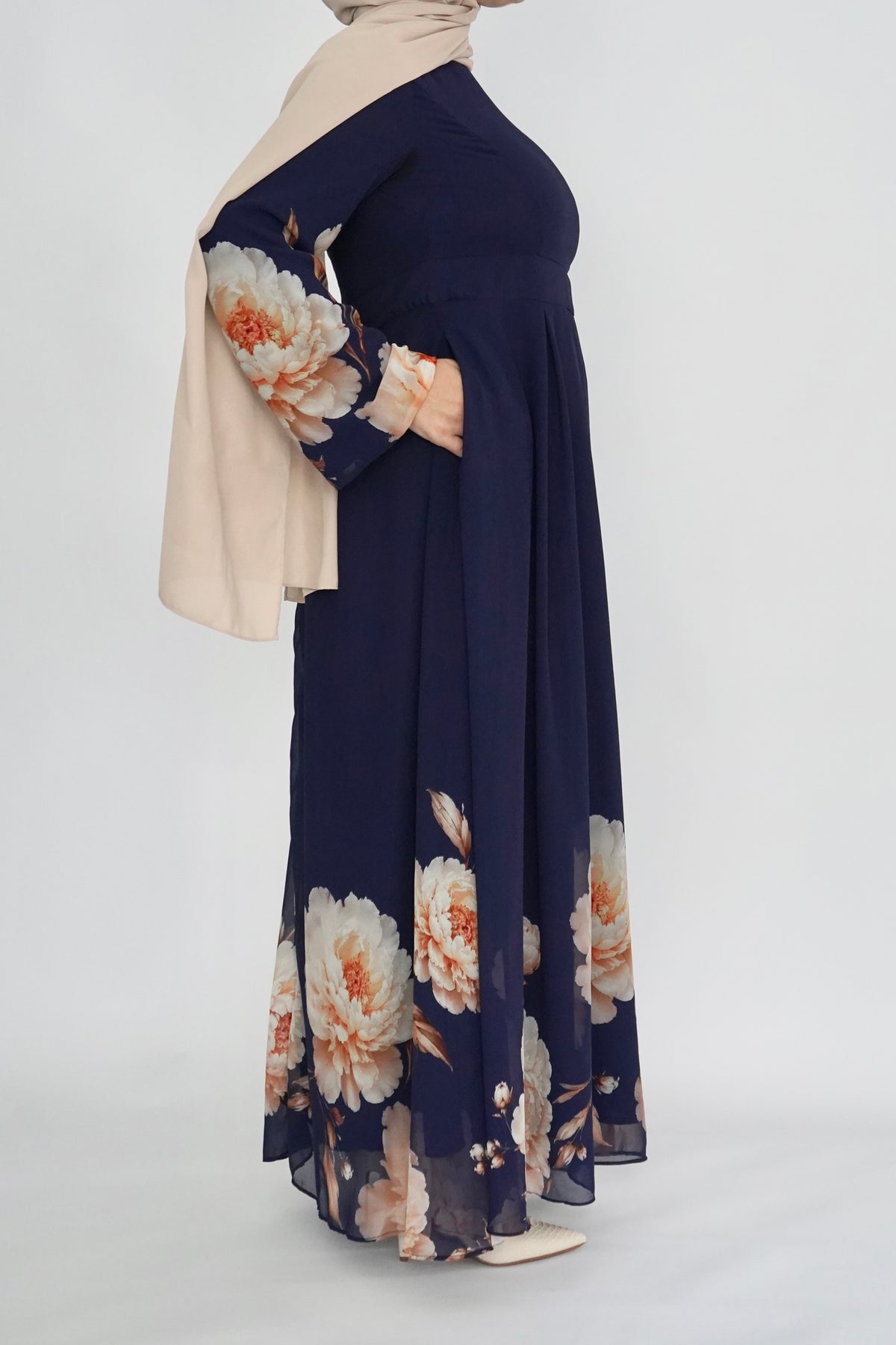 Navy Floral Print Dress - Chiffon