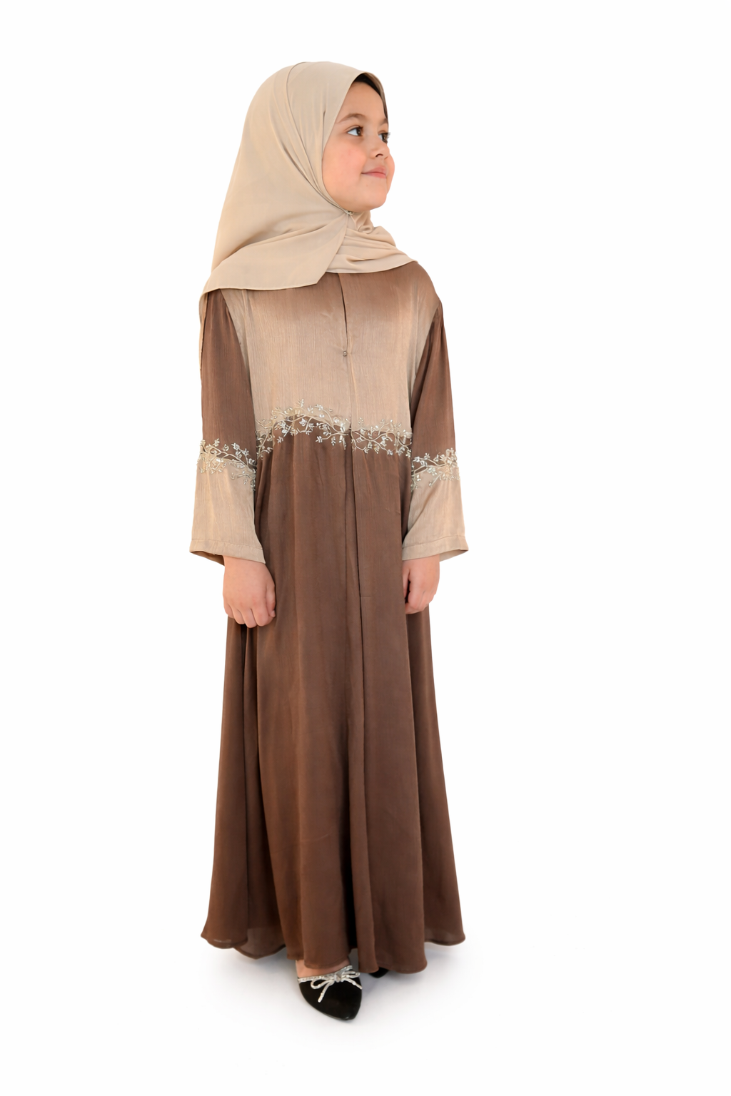 Kids Two Piece Beaded Abaya - Brown