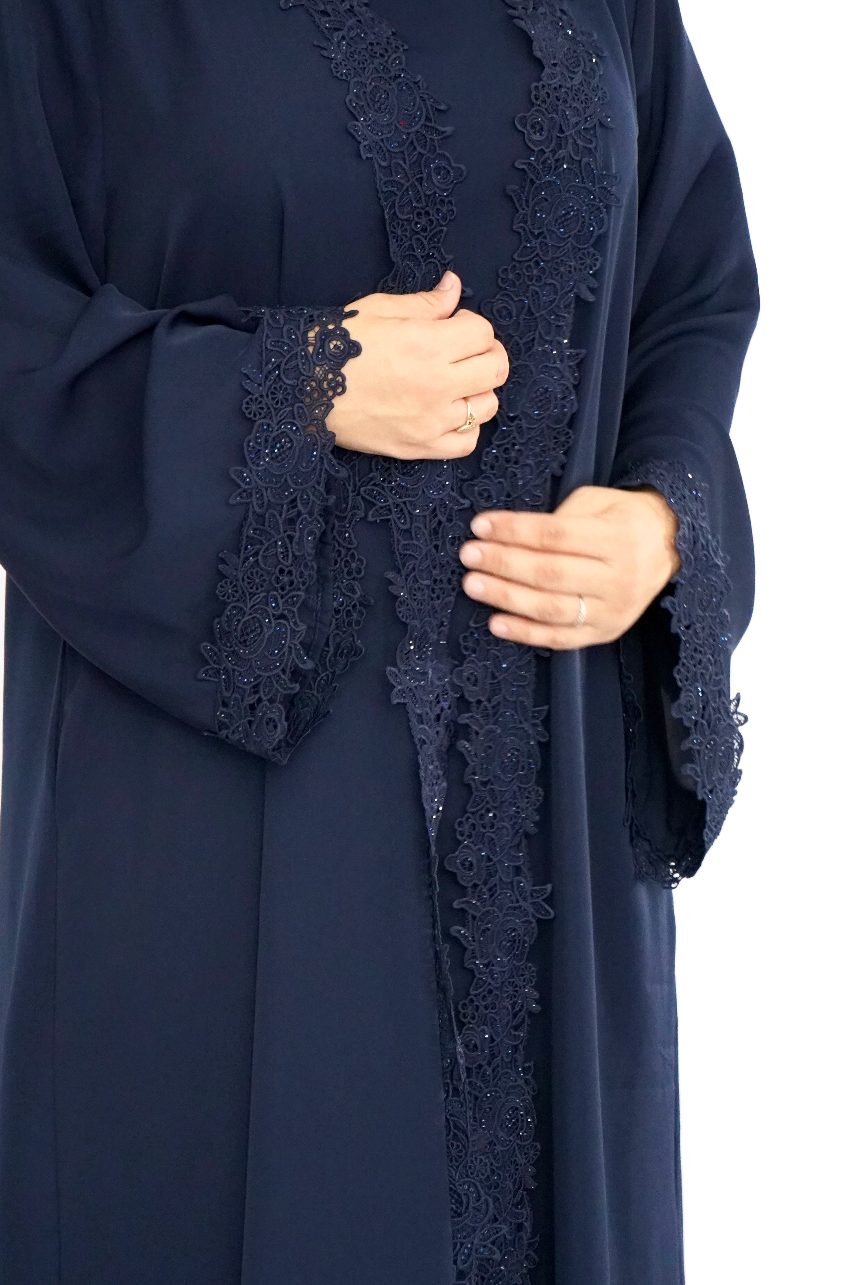 LUX 3 Piece Open Front Lace Abaya - Navy