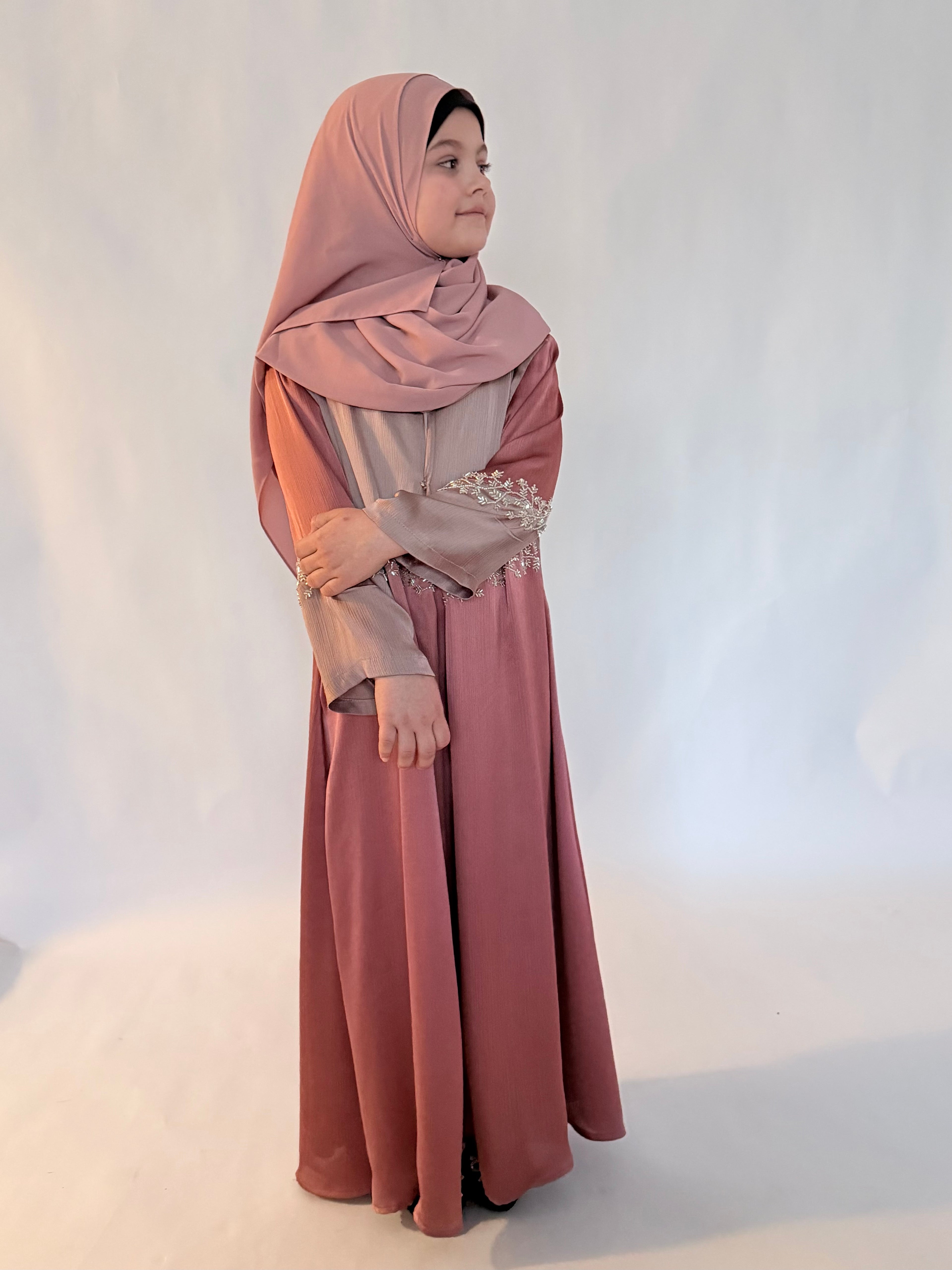 Kids Two Piece Beaded Abaya - Pink